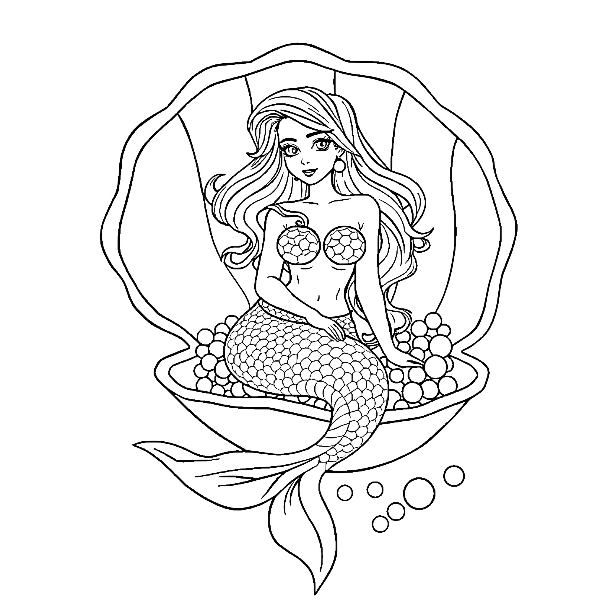 Mermaid with flowing hair and decorative shell bra Coloring Page (free black-and-white line drawing printable PDF for all, from beginners to advanced learners, including children, teens, adults, and seniors)