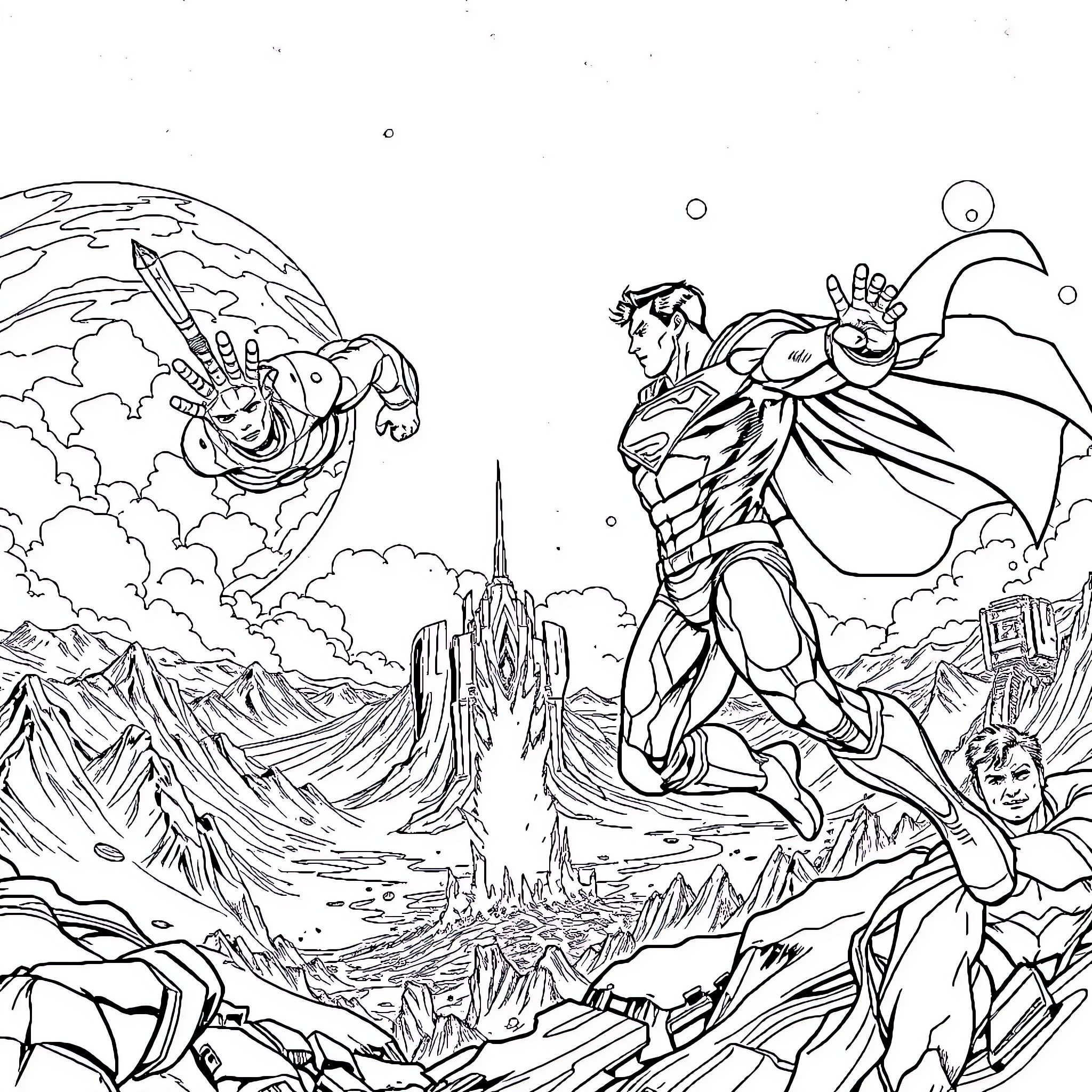Ironman heroically soaring over a fantastical landscape Coloring Page (free black-and-white line drawing printable PDF for all, from beginners to advanced learners, including children, teens, adults, and seniors)
