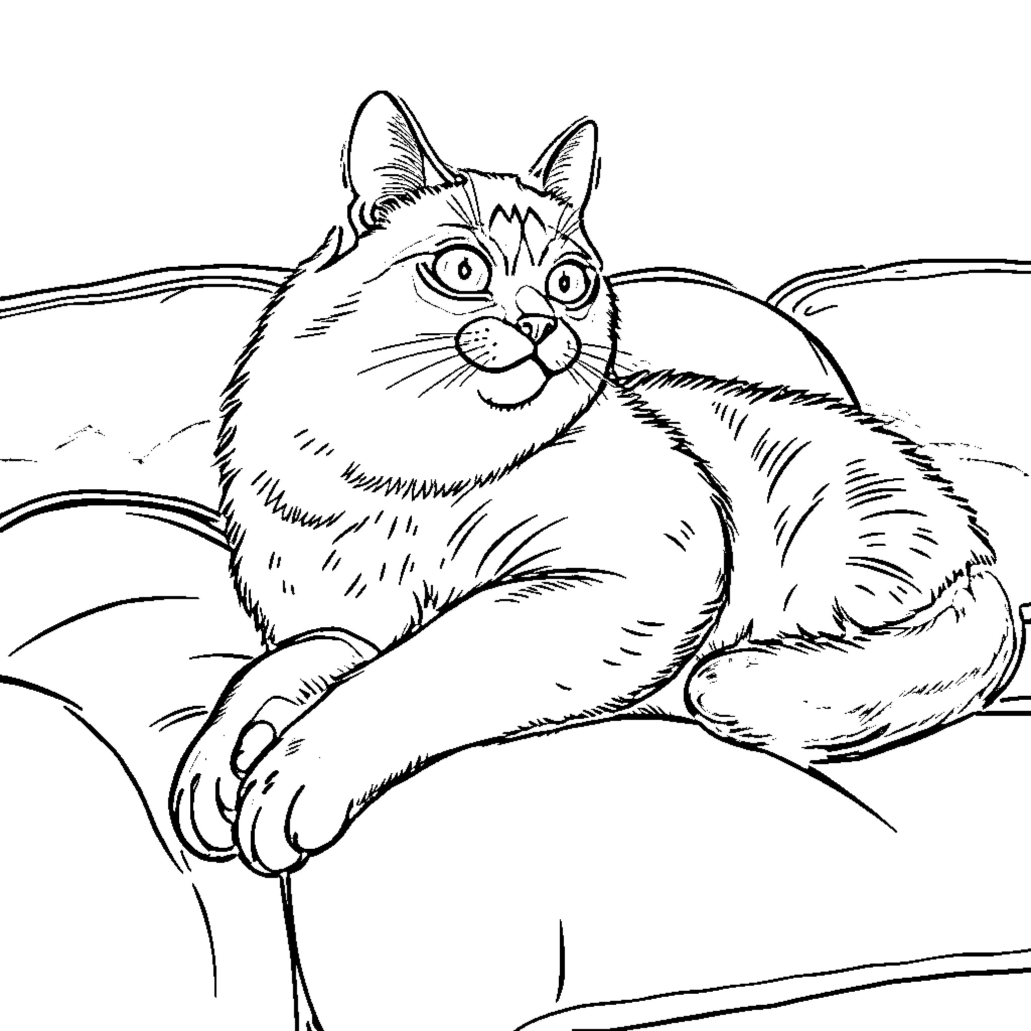 Cat resting comfortably in the scene Coloring Page (free black-and-white line drawing printable PDF for all, from beginners to advanced learners, including children, teens, adults, and seniors)