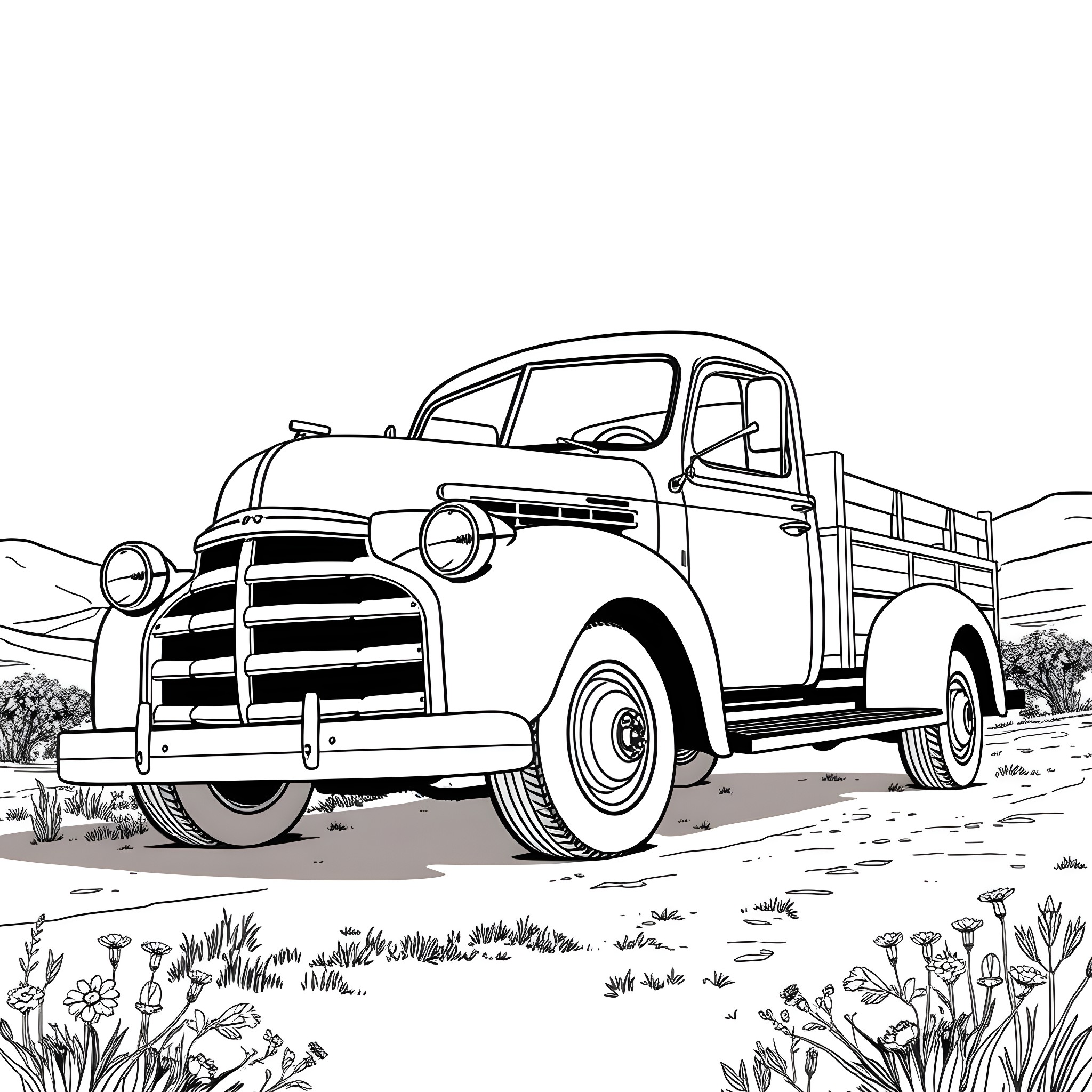 Truck with vintage design in nature landscape Coloring Page (free black-and-white line drawing printable PDF for all, from beginners to advanced learners, including children, teens, adults, and seniors)