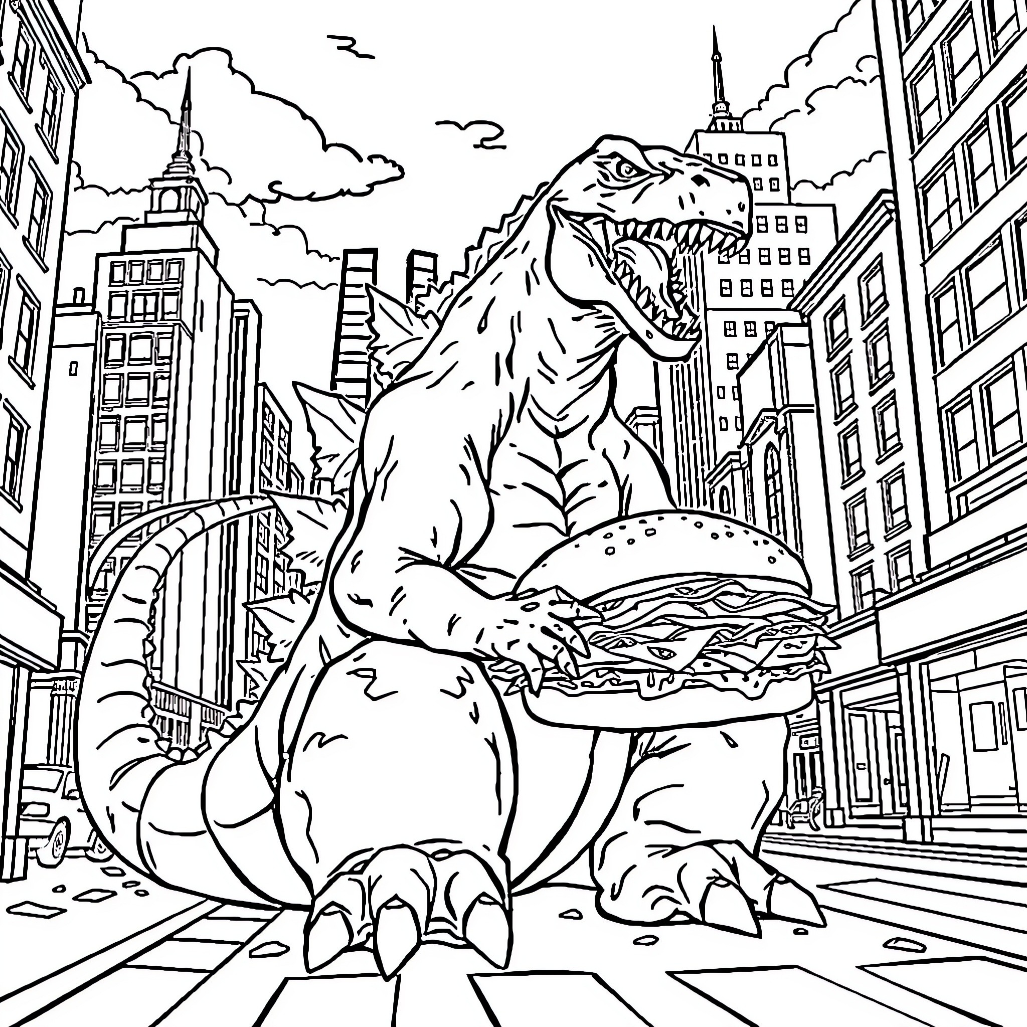 Godzilla rampaging through the city with a giant hamburger Coloring Page (free black-and-white line drawing printable PDF for all, from beginners to advanced learners, including children, teens, adults, and seniors)