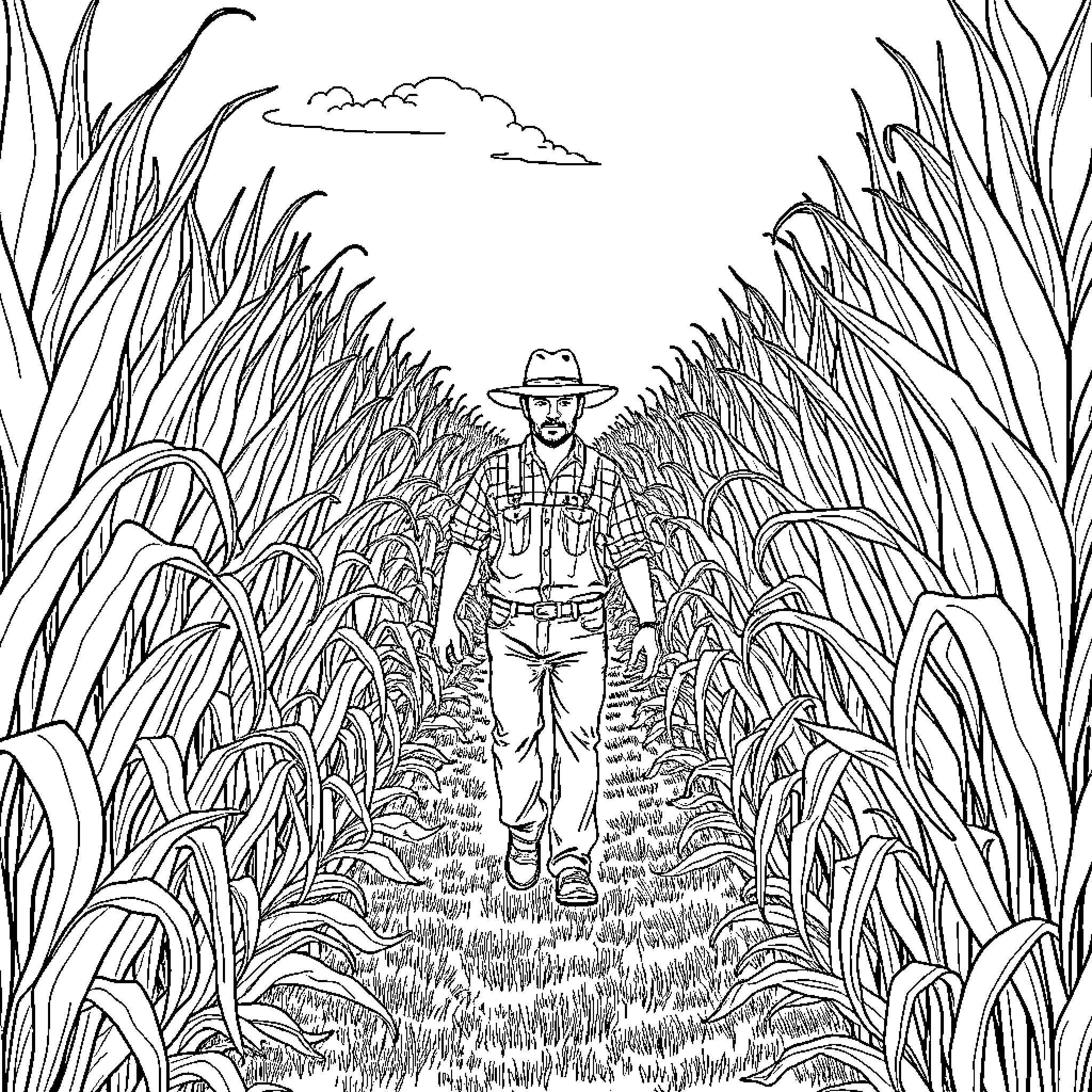 Farmer walking through a lush crop field Coloring Page (free black-and-white line drawing printable PDF for all, from beginners to advanced learners, including children, teens, adults, and seniors)