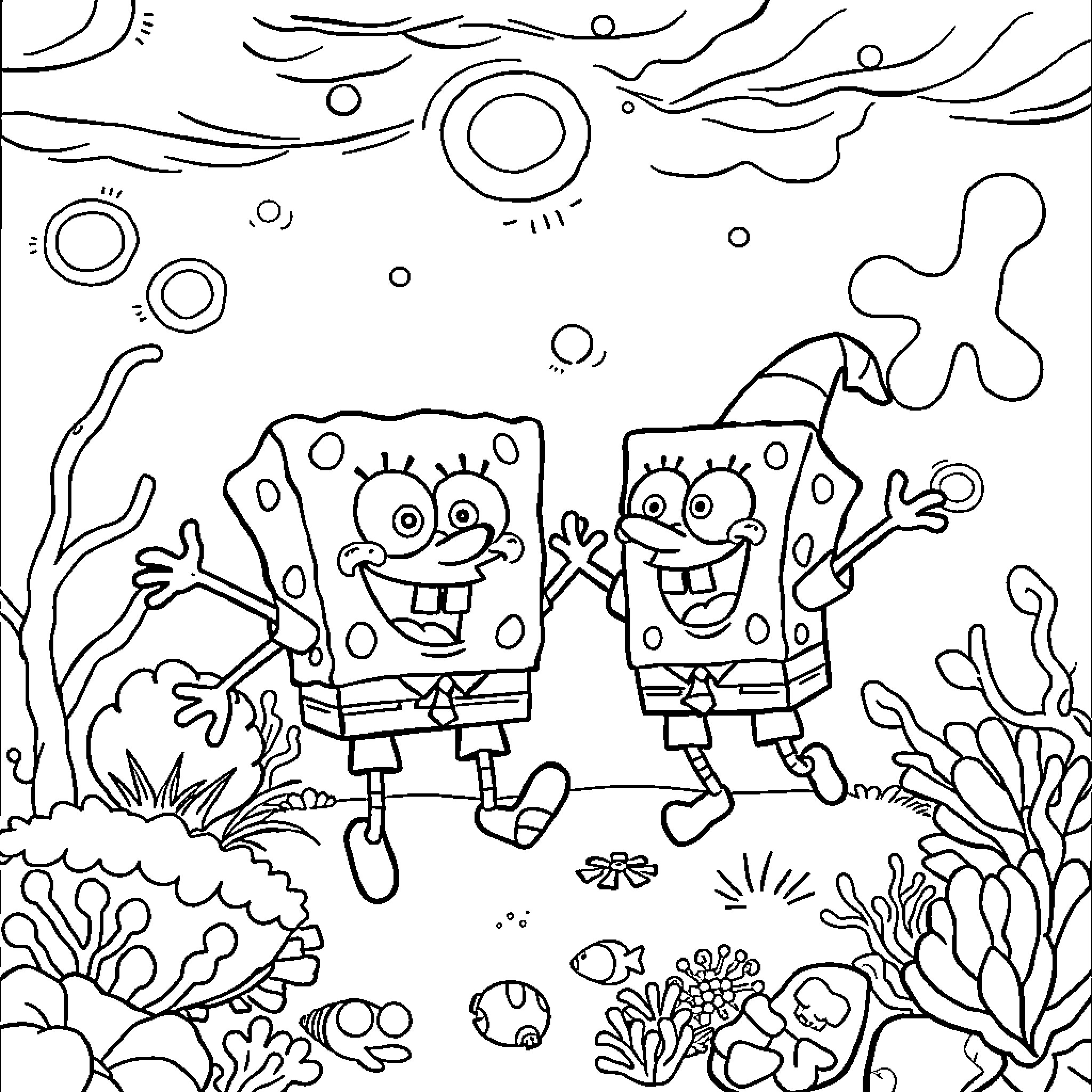 Spongebob and Patrick in an underwater adventure Coloring Page (free black-and-white line drawing printable PDF for all, from beginners to advanced learners, including children, teens, adults, and seniors)