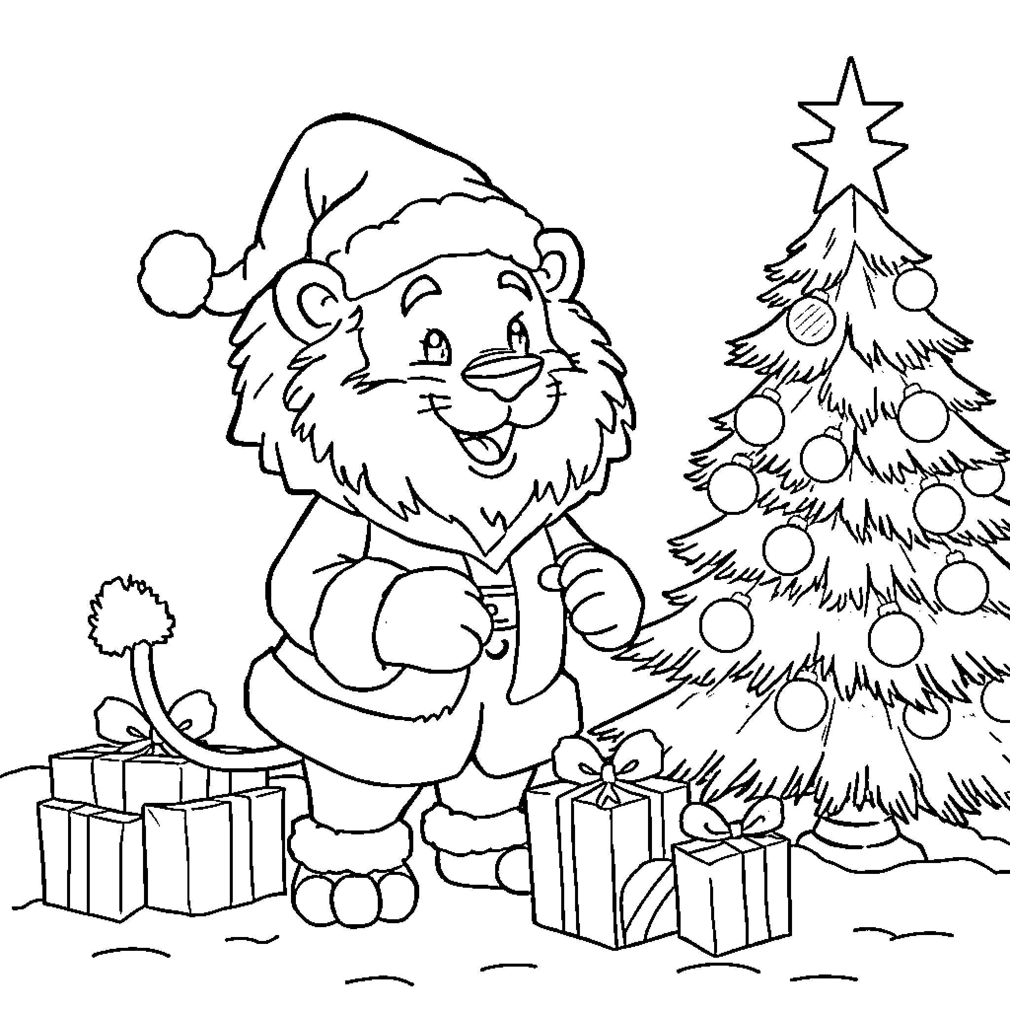 Lion celebrating Christmas with decorated tree and gifts Coloring Page (free black-and-white line drawing printable PDF for all, from beginners to advanced learners, including children, teens, adults, and seniors)