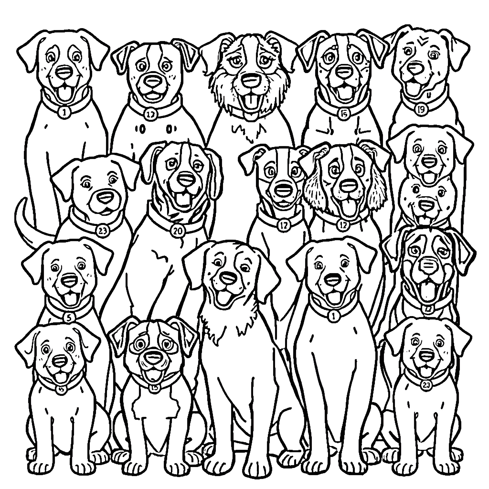 Dog Cartoon Characters Posing Together Coloring Page (free black-and-white line drawing printable PDF for all, from beginners to advanced learners, including children, teens, adults, and seniors)
