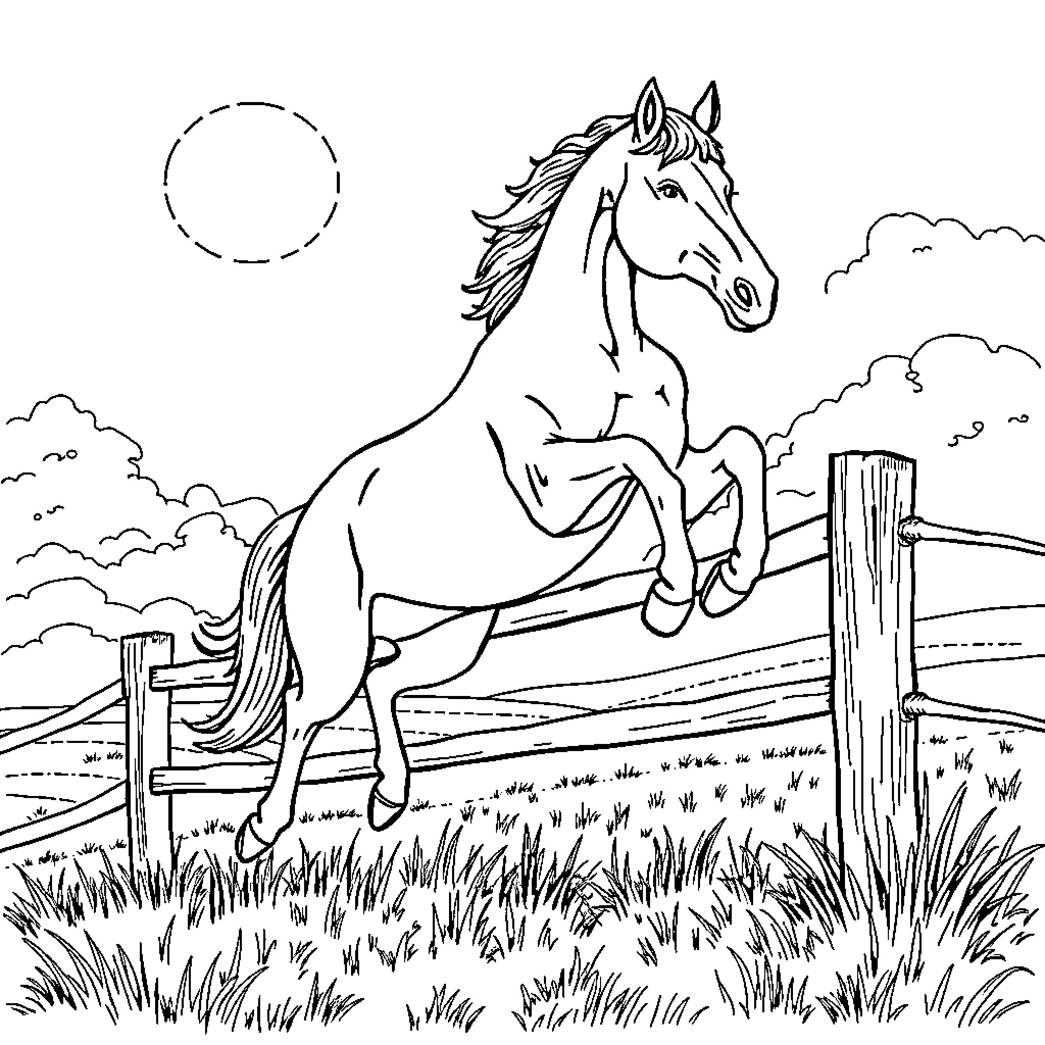 Horse Leaping Over Fence in Countryside Coloring Page (free black-and-white line drawing printable PDF for all, from beginners to advanced learners, including children, teens, adults, and seniors)