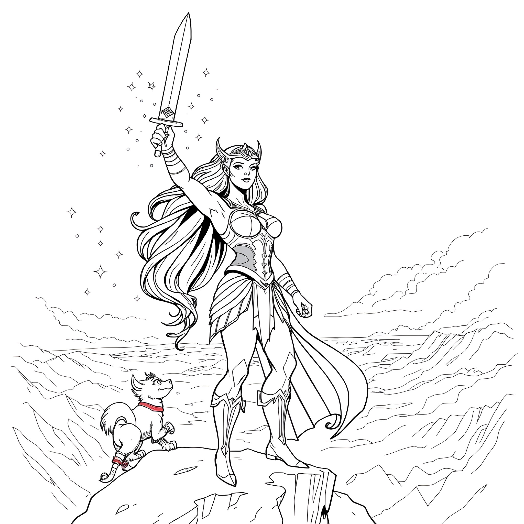 She-Ra wielding her sword in heroic pose Coloring Page (free black-and-white line drawing printable PDF for all, from beginners to advanced learners, including children, teens, adults, and seniors)