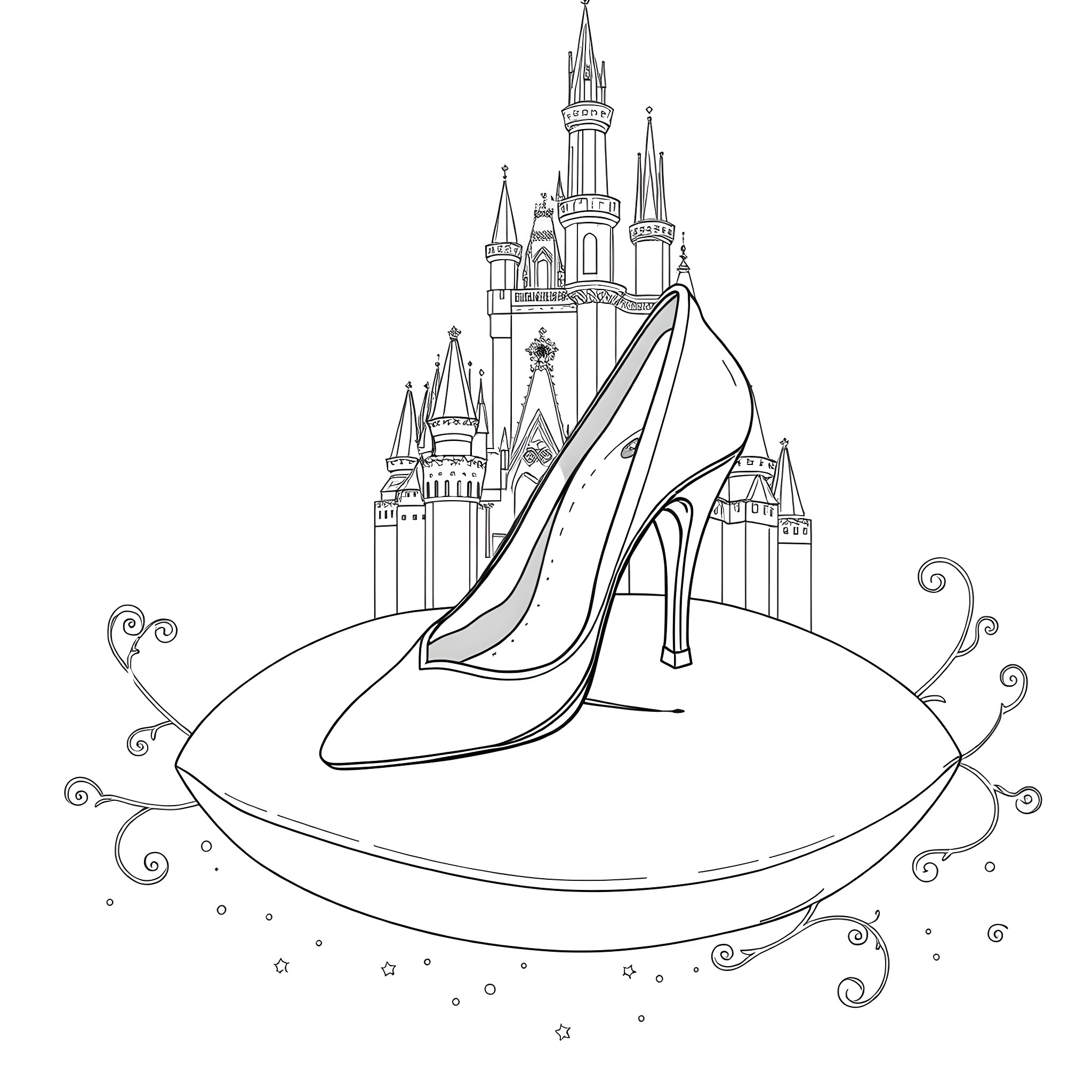 Cinderella's glass slipper and enchanted castle Coloring Page (free black-and-white line drawing printable PDF for all, from beginners to advanced learners, including children, teens, adults, and seniors)