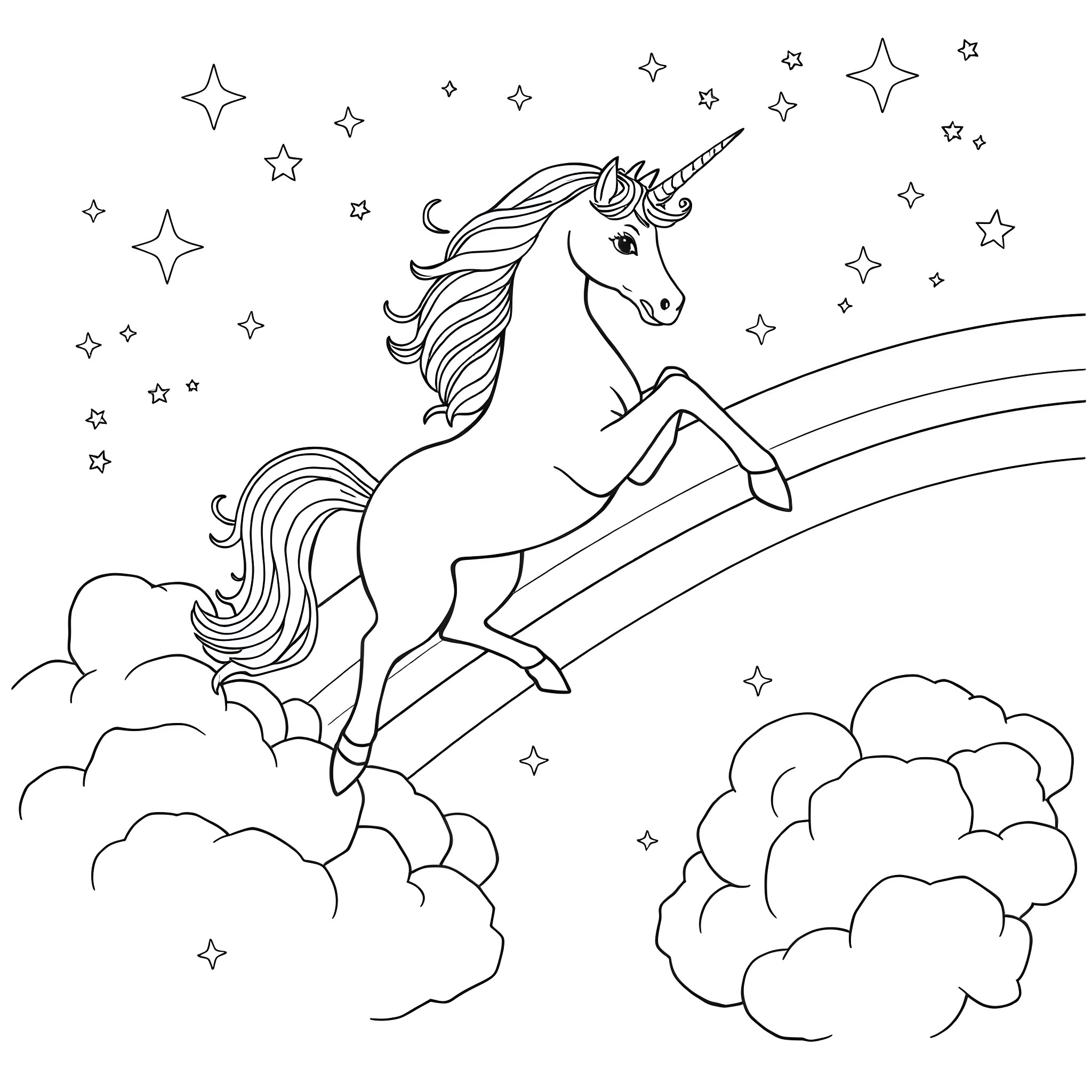 Unicorn Running through Starry Skies Coloring Page (free black-and-white line drawing printable PDF for all, from beginners to advanced learners, including children, teens, adults, and seniors)