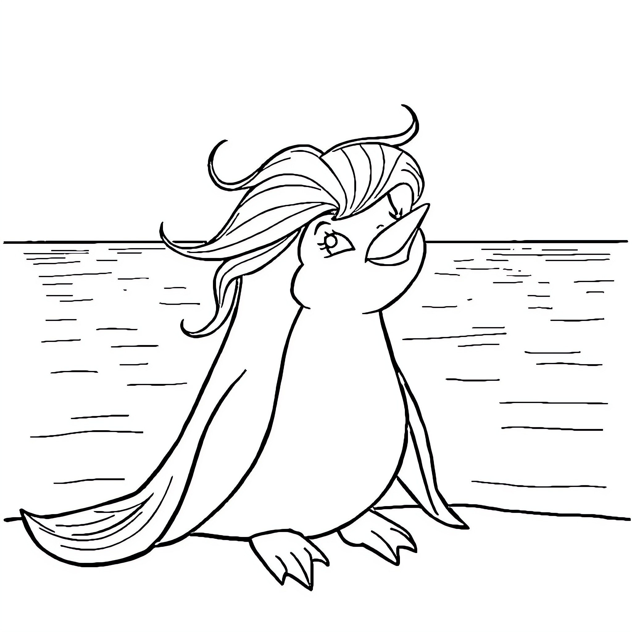 Mona Lisa as a playful penguin Coloring Page (free black-and-white line drawing printable PDF for all, from beginners to advanced learners, including children, teens, adults, and seniors)