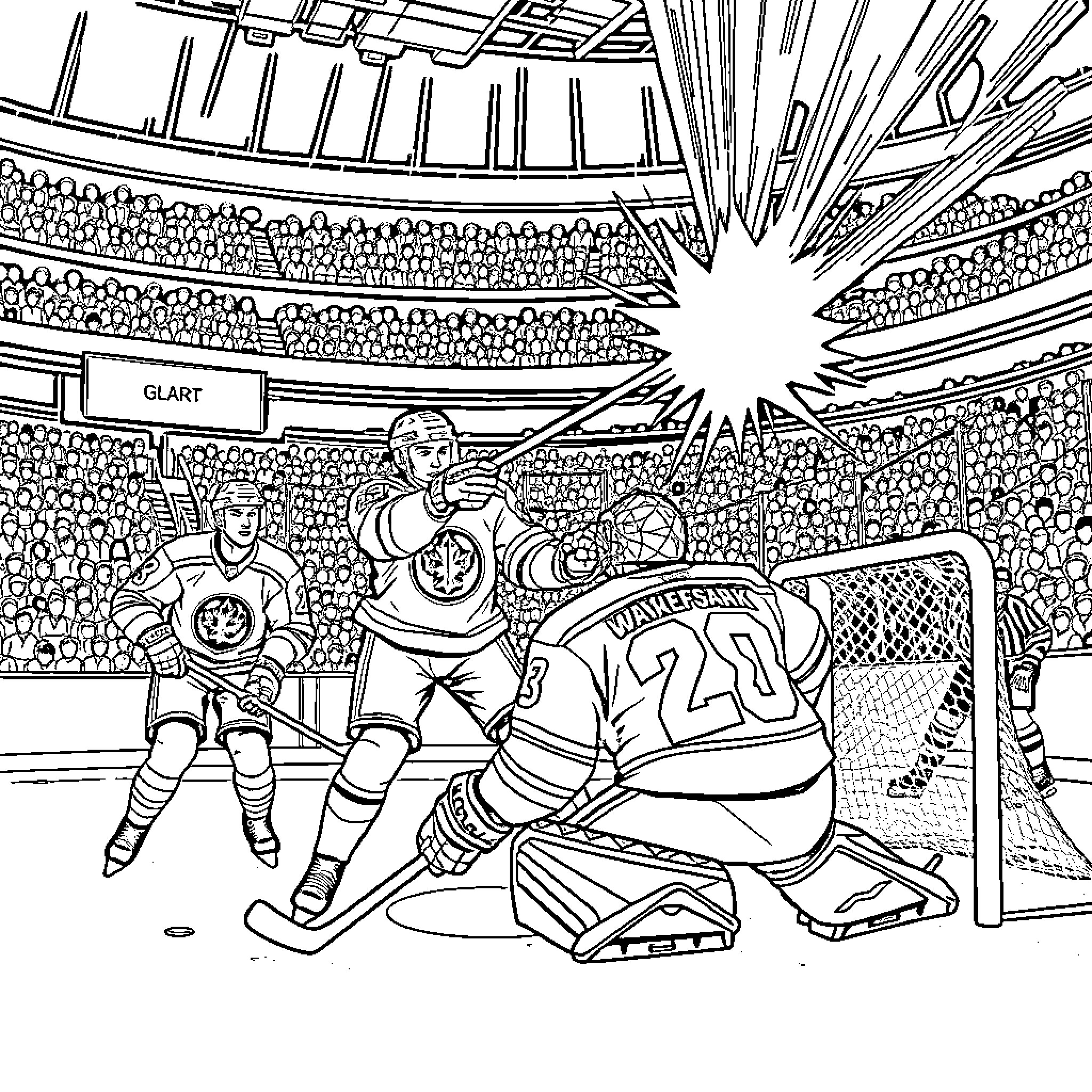 Hockey Player Engaged in Intense Match in Arena Coloring Page (free black-and-white line drawing printable PDF for all, from beginners to advanced learners, including children, teens, adults, and seniors)