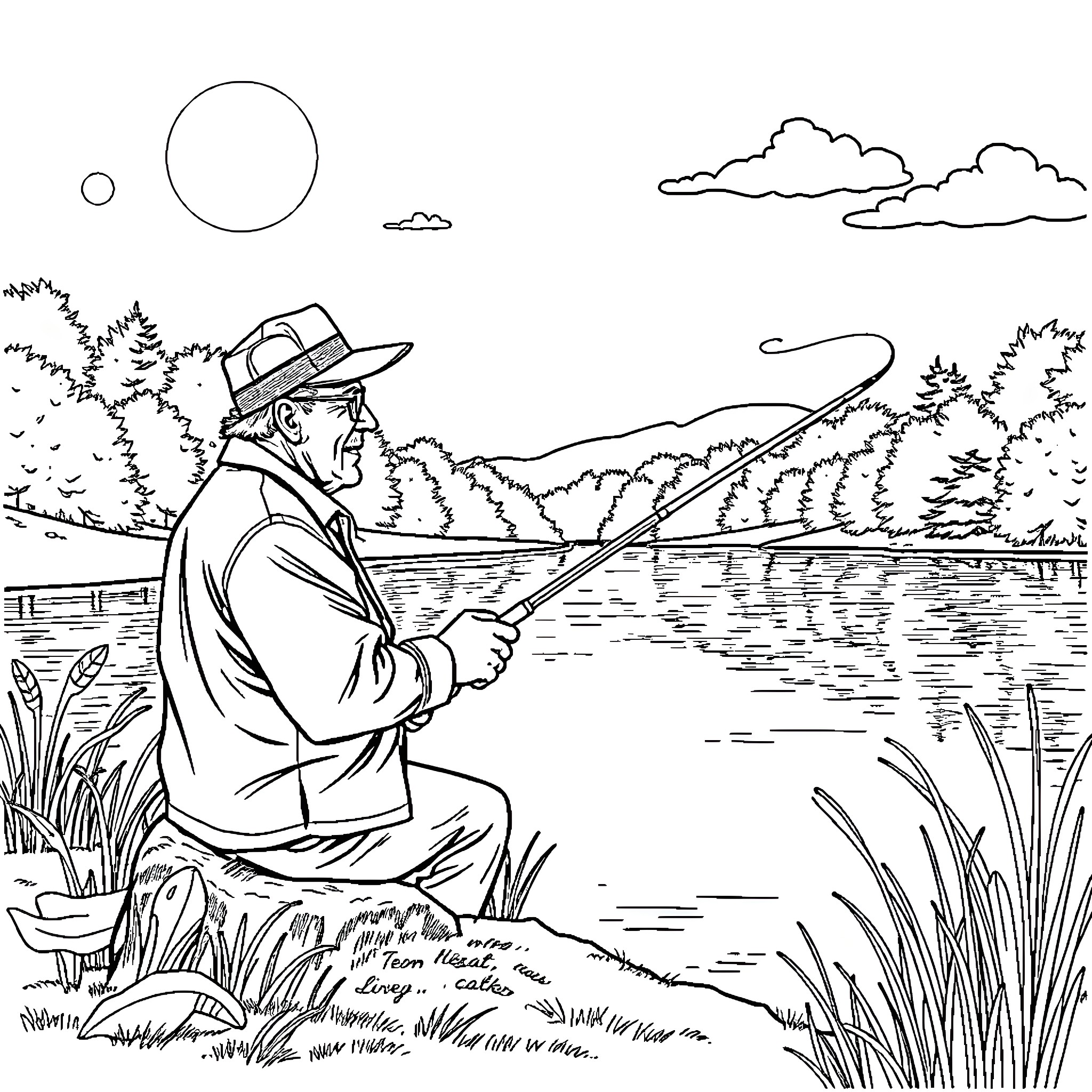 Fishing in the serene lakeside landscape Coloring Page (free black-and-white line drawing printable PDF for all, from beginners to advanced learners, including children, teens, adults, and seniors)