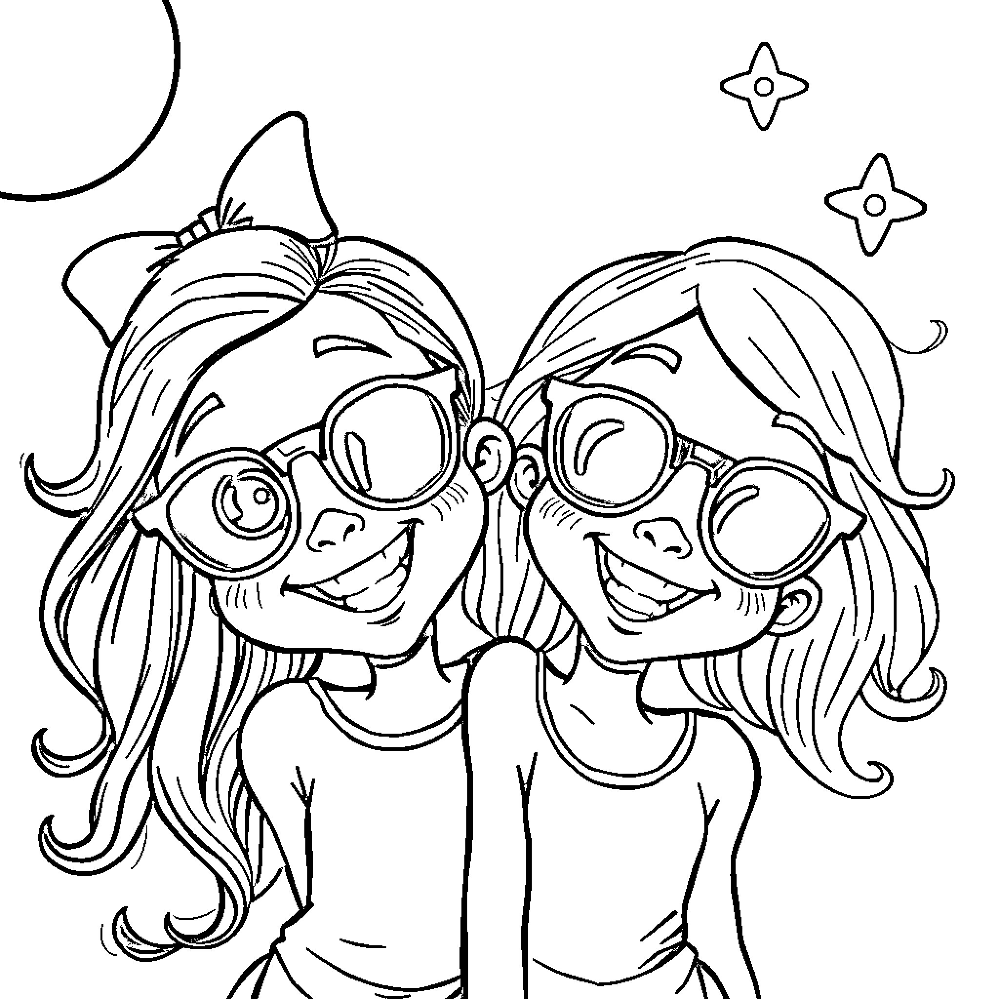 Girl Friends Enjoying a Starry Night Coloring Page (free black-and-white line drawing printable PDF for all, from beginners to advanced learners, including children, teens, adults, and seniors)