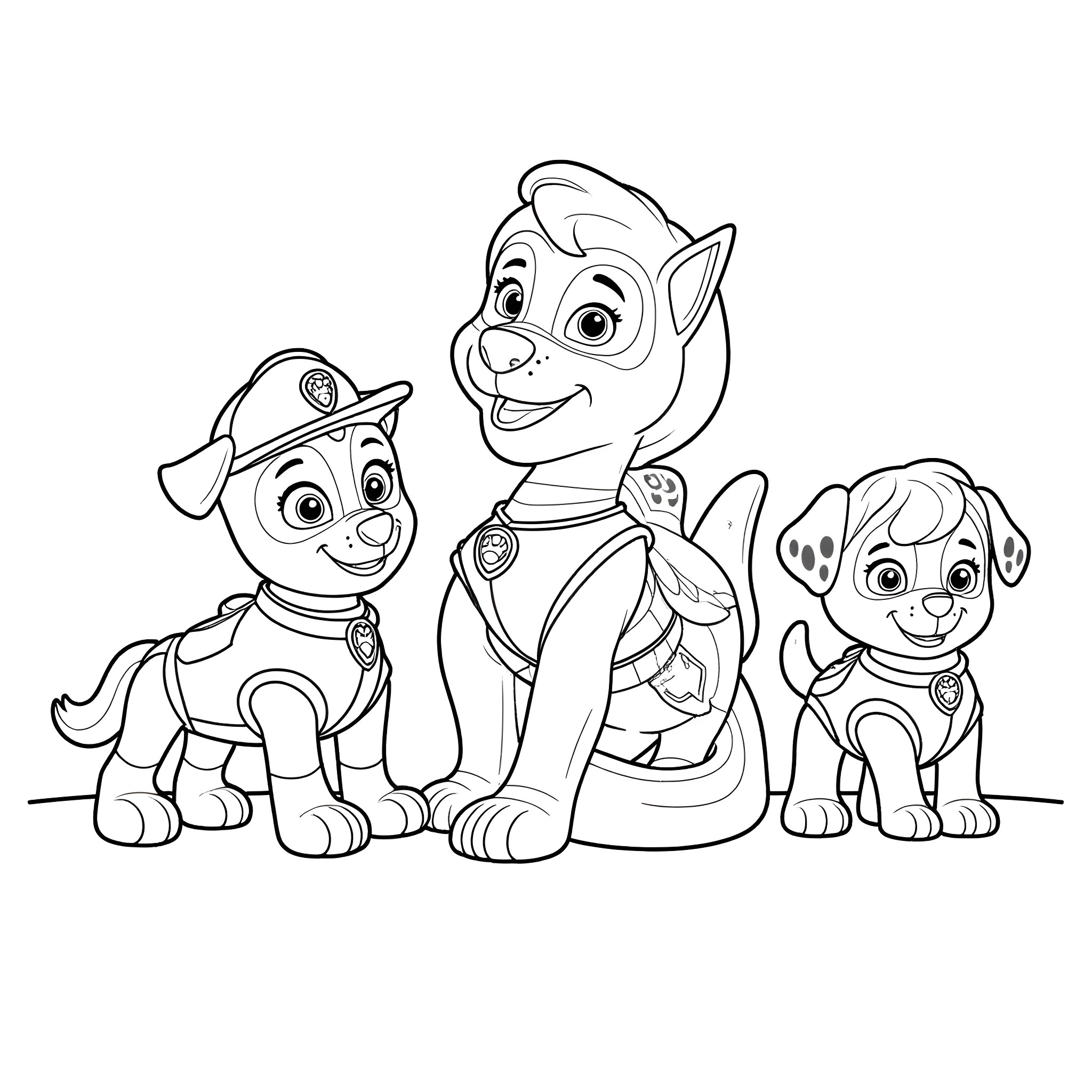 Paw Patrol characters in action poses Coloring Page (free black-and-white line drawing printable PDF for all, from beginners to advanced learners, including children, teens, adults, and seniors)