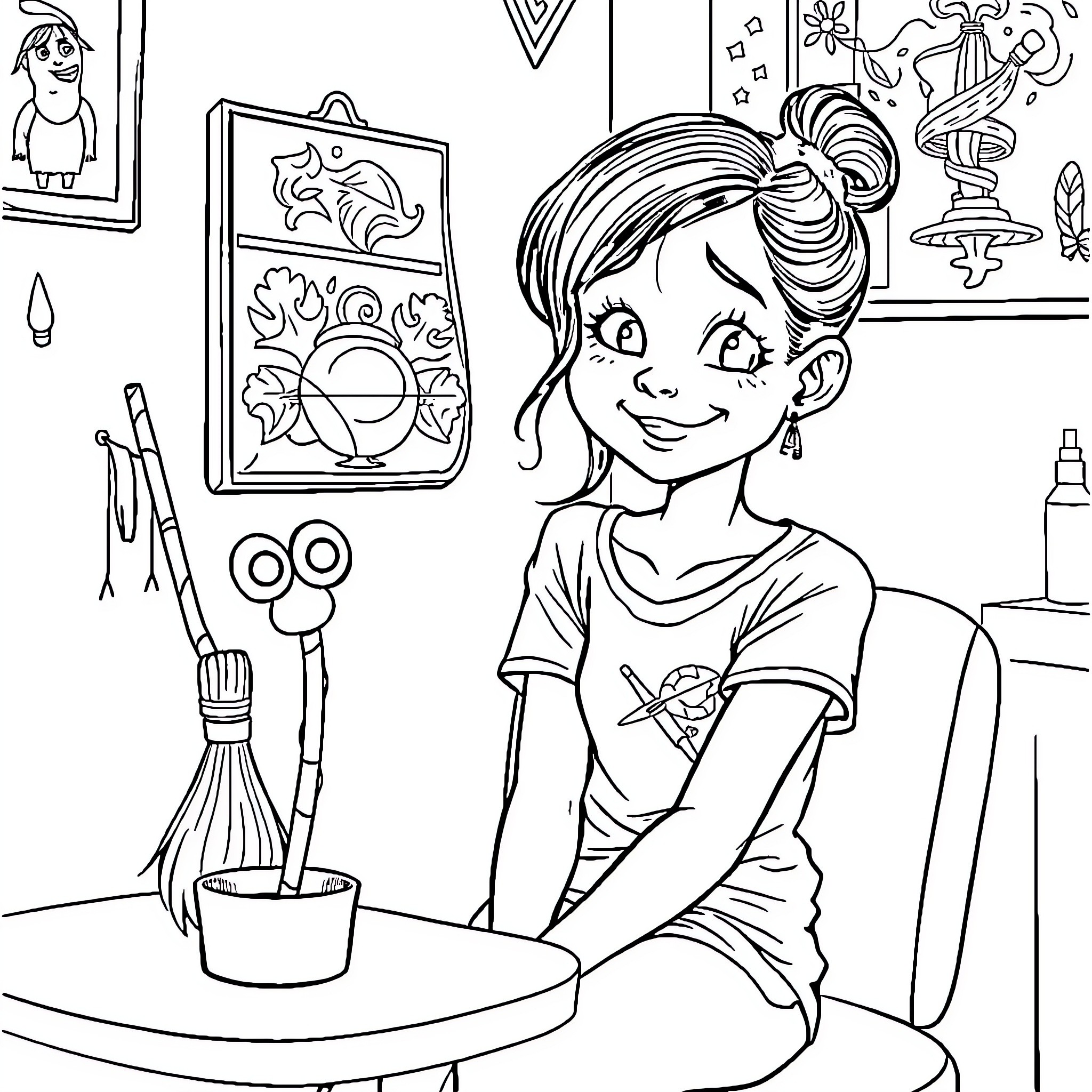 Girl engaged in arts and crafts at home Coloring Page (free black-and-white line drawing printable PDF for all, from beginners to advanced learners, including children, teens, adults, and seniors)