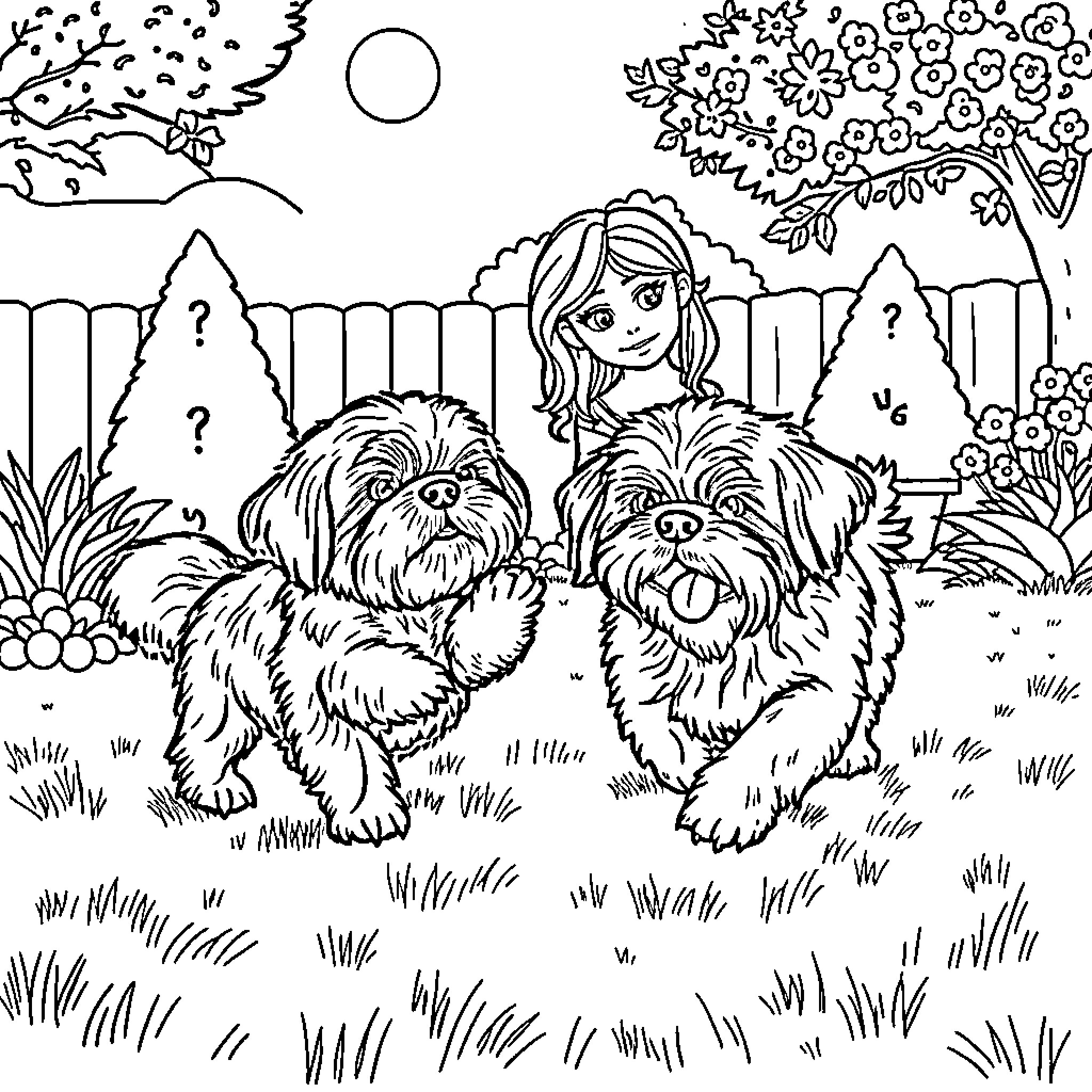 Shih Tzu companions playing in the garden Coloring Page (free black-and-white line drawing printable PDF for all, from beginners to advanced learners, including children, teens, adults, and seniors)