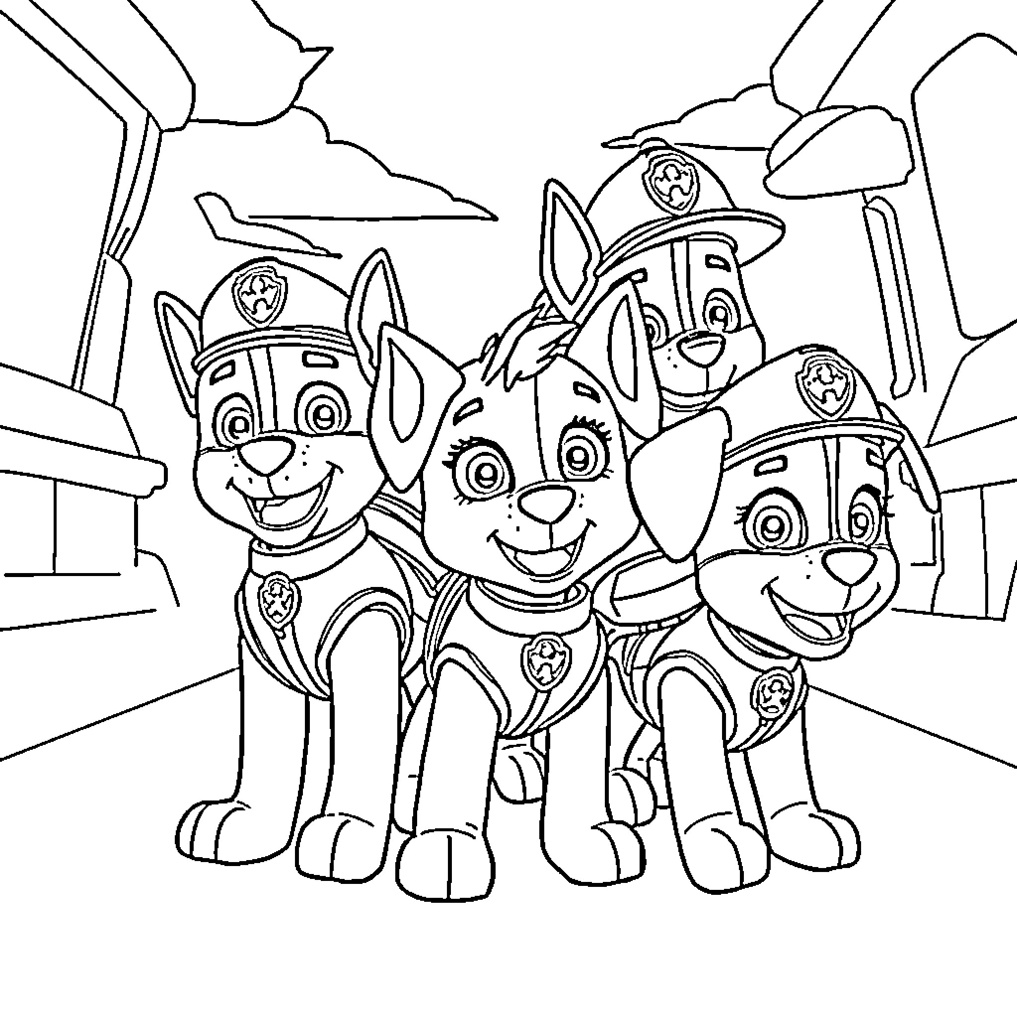 Pat Patrol Group Posing with Enthusiasm Coloring Page (free black-and-white line drawing printable PDF for all, from beginners to advanced learners, including children, teens, adults, and seniors)