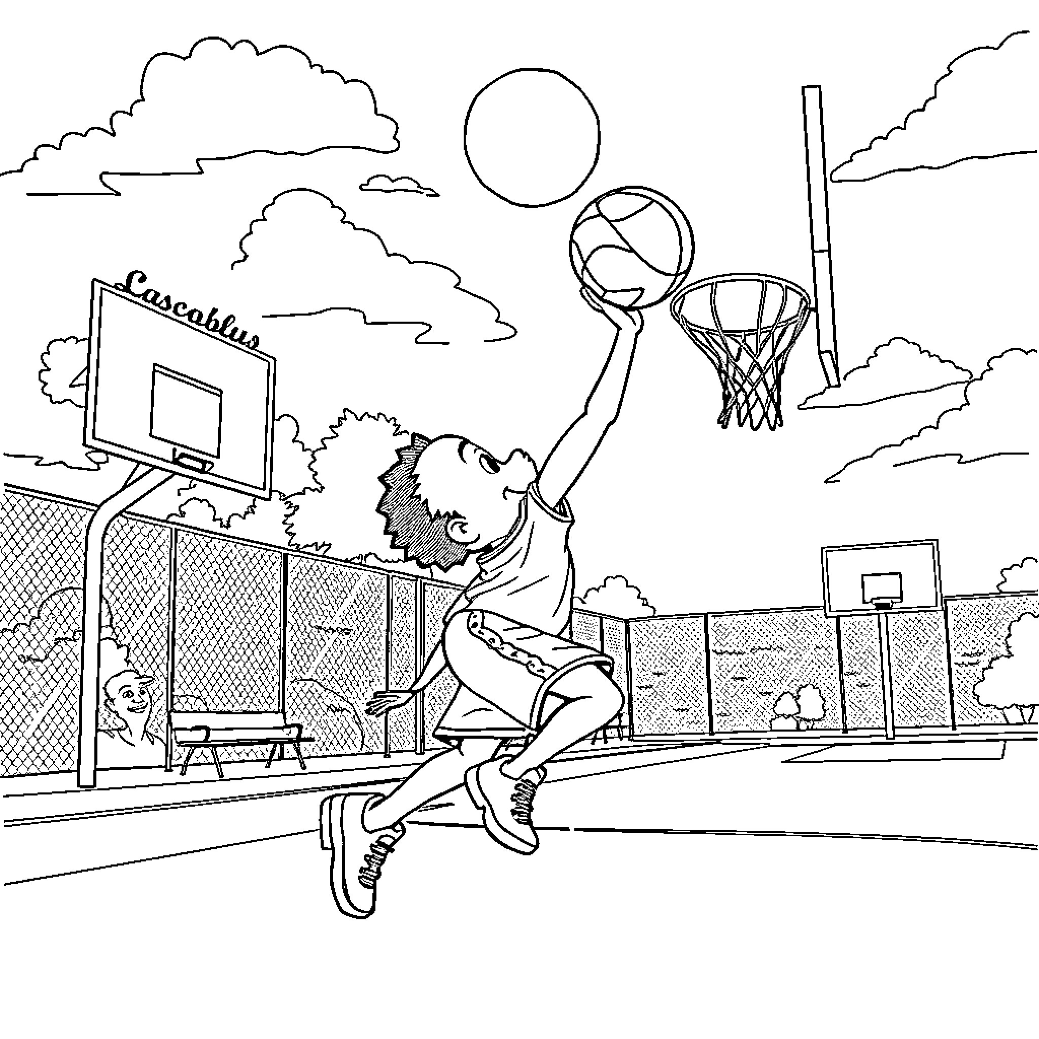 Labubu playing basketball on the court Coloring Page (free black-and-white line drawing printable PDF for all, from beginners to advanced learners, including children, teens, adults, and seniors)