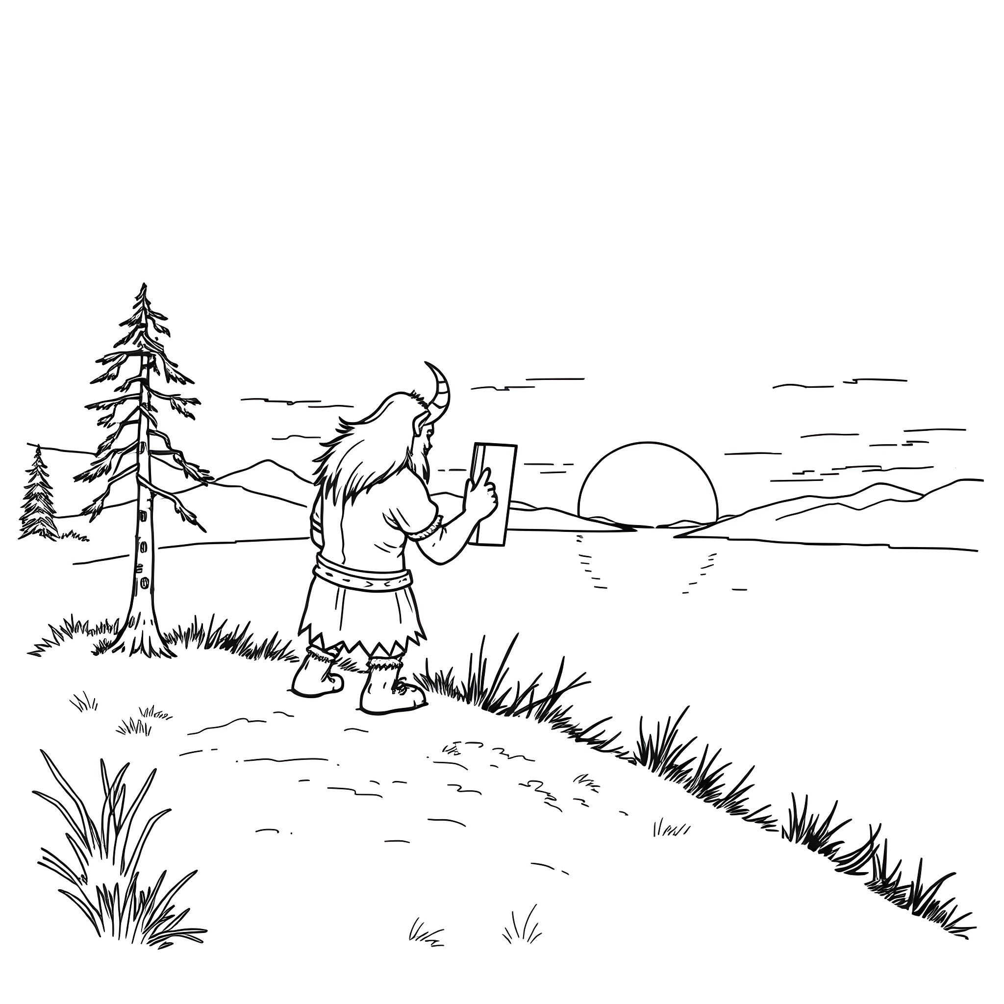 Ork enjoys the serene landscape at sunset Coloring Page (free black-and-white line drawing printable PDF for all, from beginners to advanced learners, including children, teens, adults, and seniors)