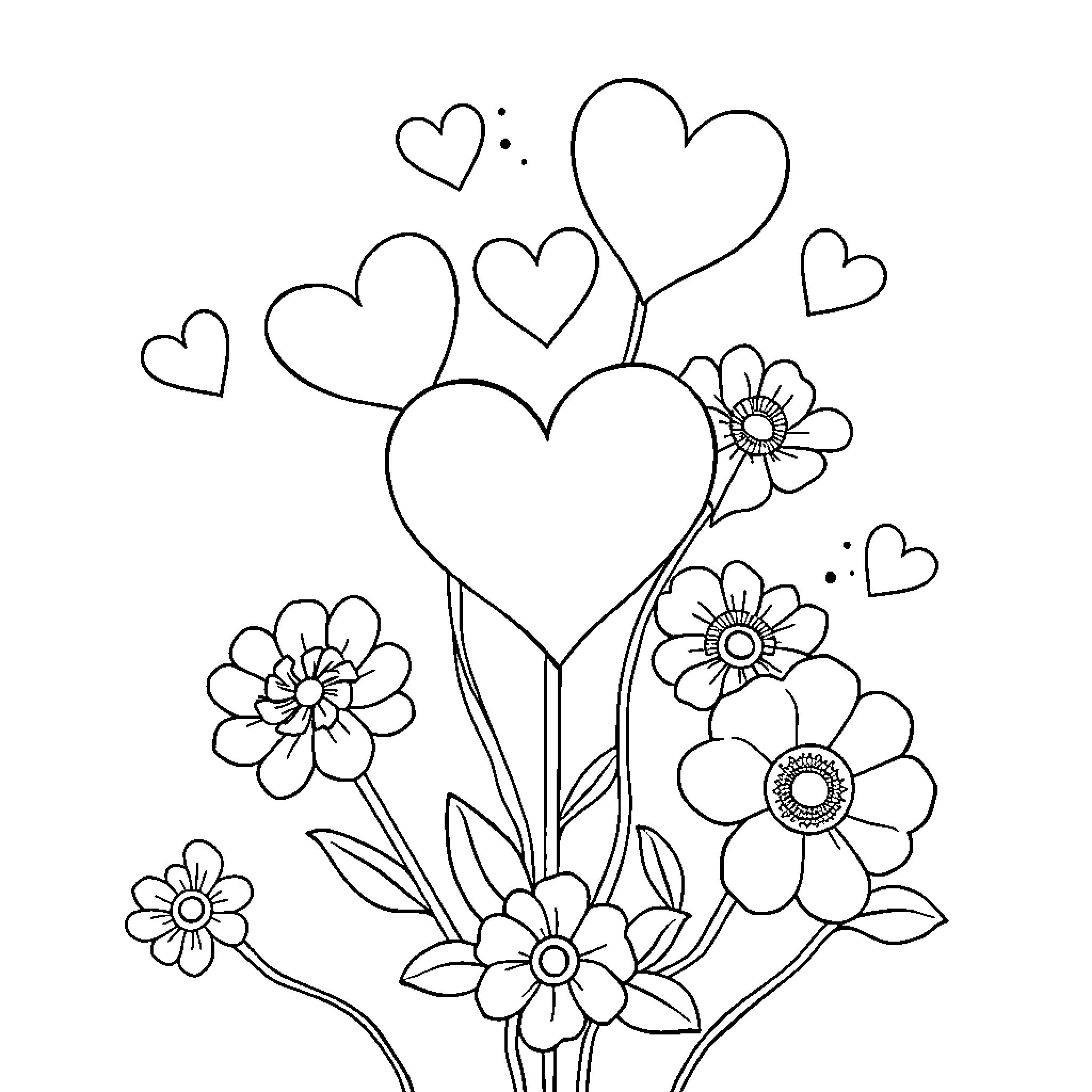 Valentine's hearts and floral arrangement Coloring Page (free black-and-white line drawing printable PDF for all, from beginners to advanced learners, including children, teens, adults, and seniors)