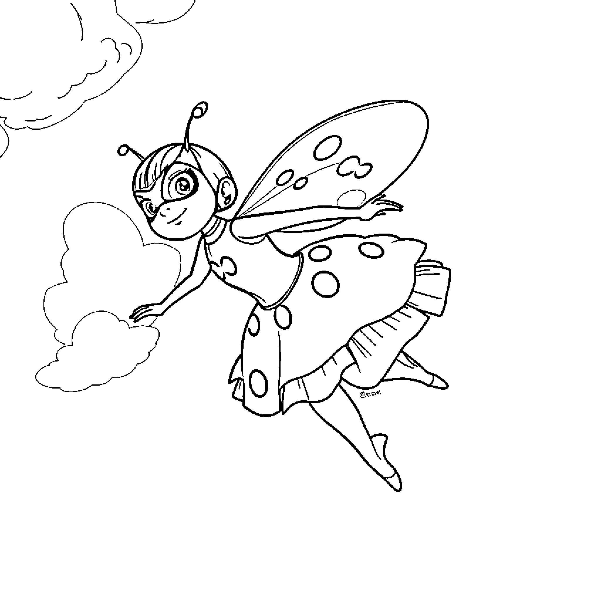 Ladybug fairy in playful mood Coloring Page (free black-and-white line drawing printable PDF for all, from beginners to advanced learners, including children, teens, adults, and seniors)