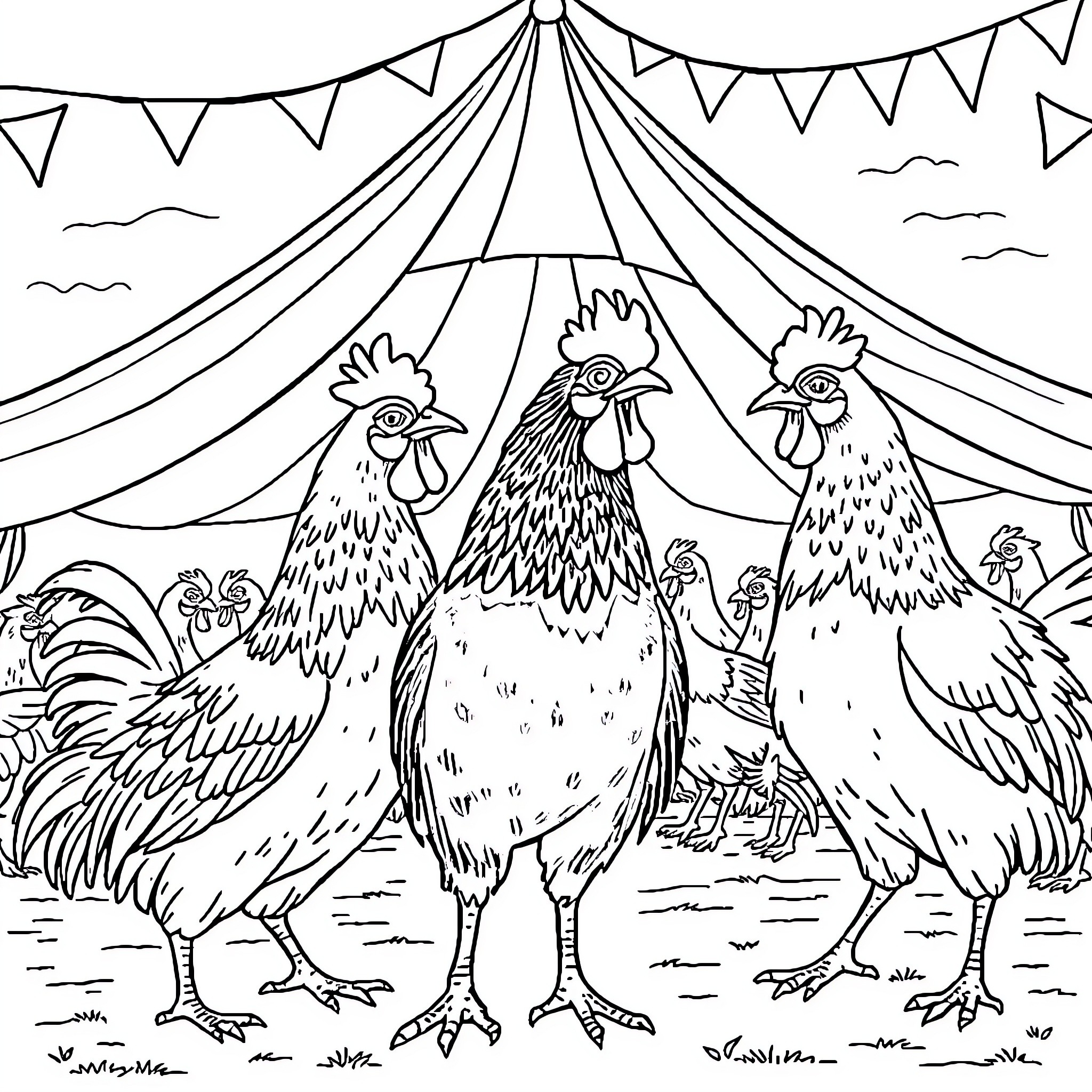 Guinea Fowl Enjoying a Festive Carnival Scene Coloring Page (free black-and-white line drawing printable PDF for all, from beginners to advanced learners, including children, teens, adults, and seniors)