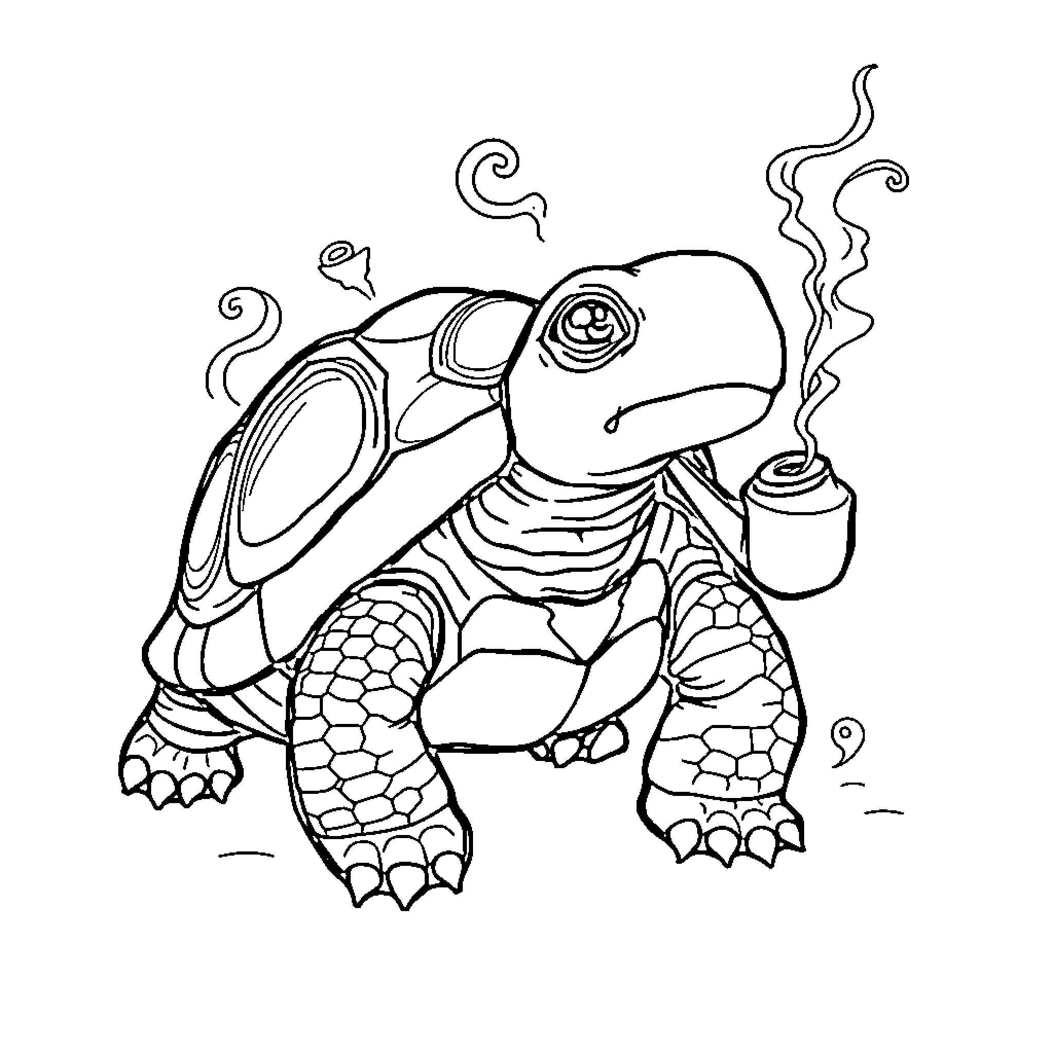 Turtle smoking and relaxing Coloring Page (free black-and-white line drawing printable PDF for all, from beginners to advanced learners, including children, teens, adults, and seniors)
