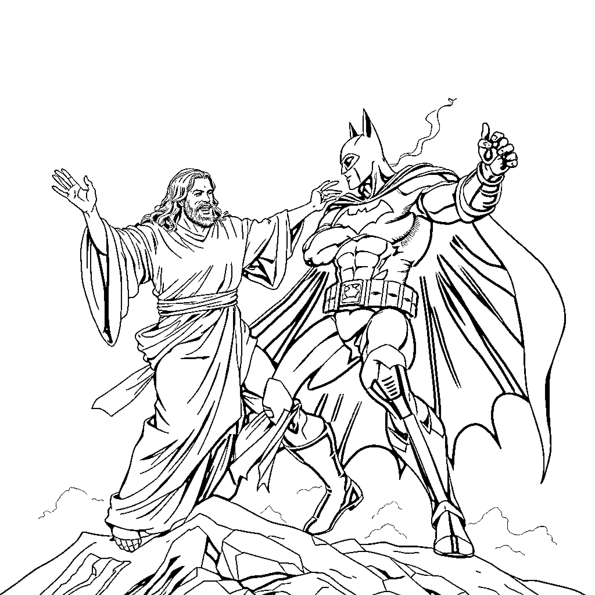 Batman confronting a religious figure on a rocky outcrop Coloring Page (free black-and-white line drawing printable PDF for all, from beginners to advanced learners, including children, teens, adults, and seniors)