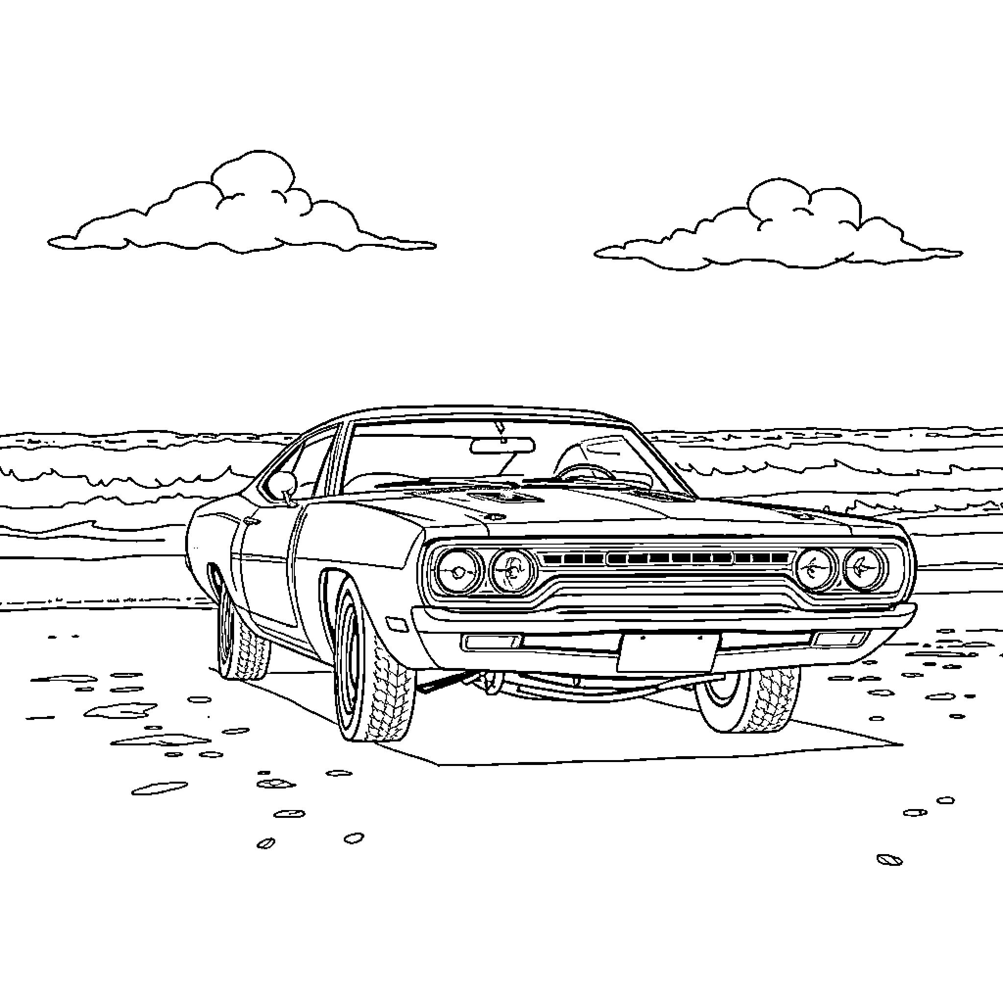 Plymouth Roadrunner on the beach Coloring Page (free black-and-white line drawing printable PDF for all, from beginners to advanced learners, including children, teens, adults, and seniors)