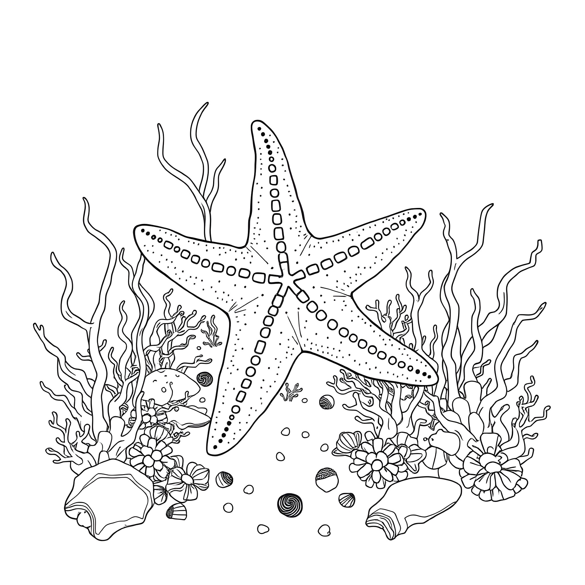 Starfish resting among colorful coral reef Coloring Page (free black-and-white line drawing printable PDF for all, from beginners to advanced learners, including children, teens, adults, and seniors)