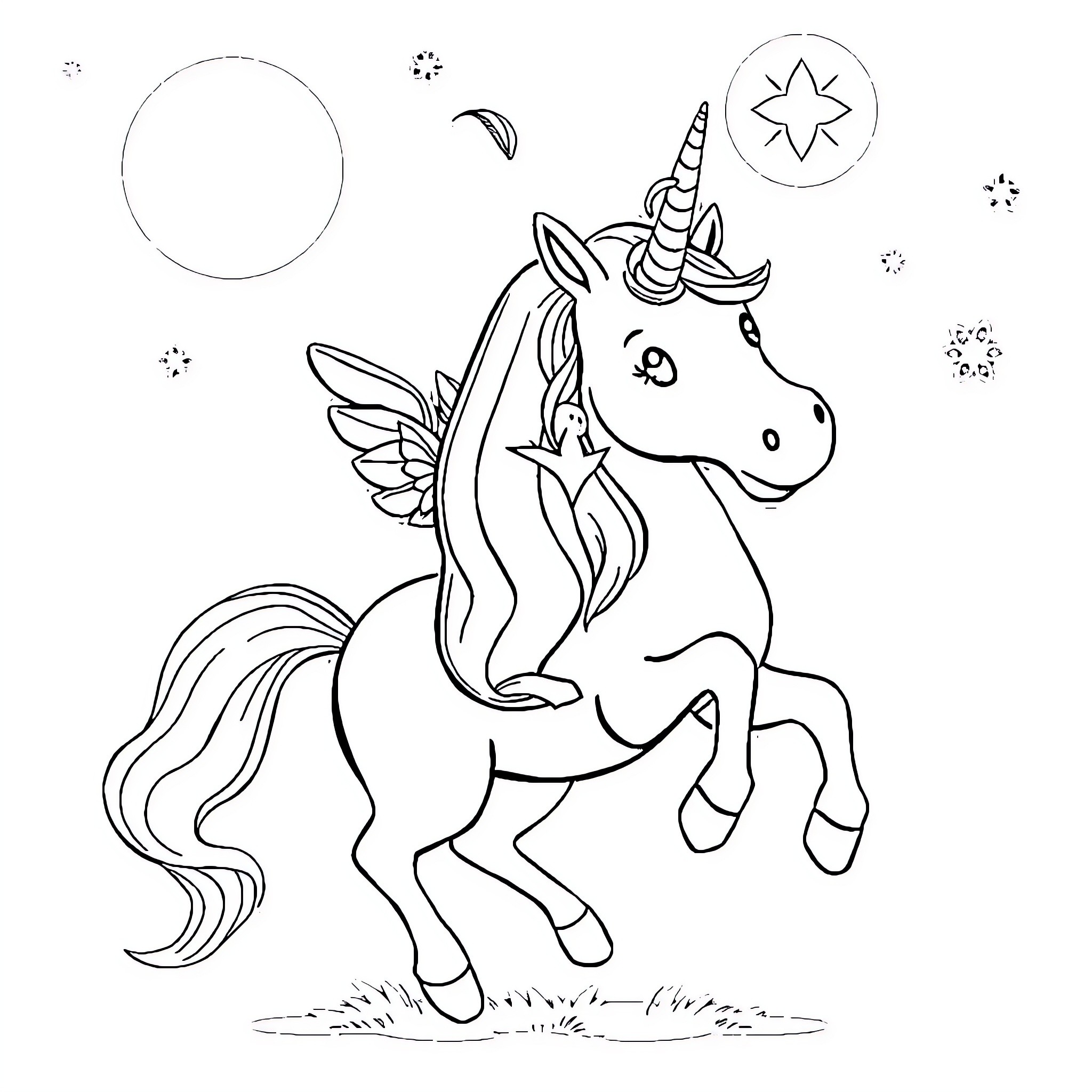 Pickle the Magical Unicorn's Enchanting Adventure Coloring Page (free black-and-white line drawing printable PDF for all, from beginners to advanced learners, including children, teens, adults, and seniors)