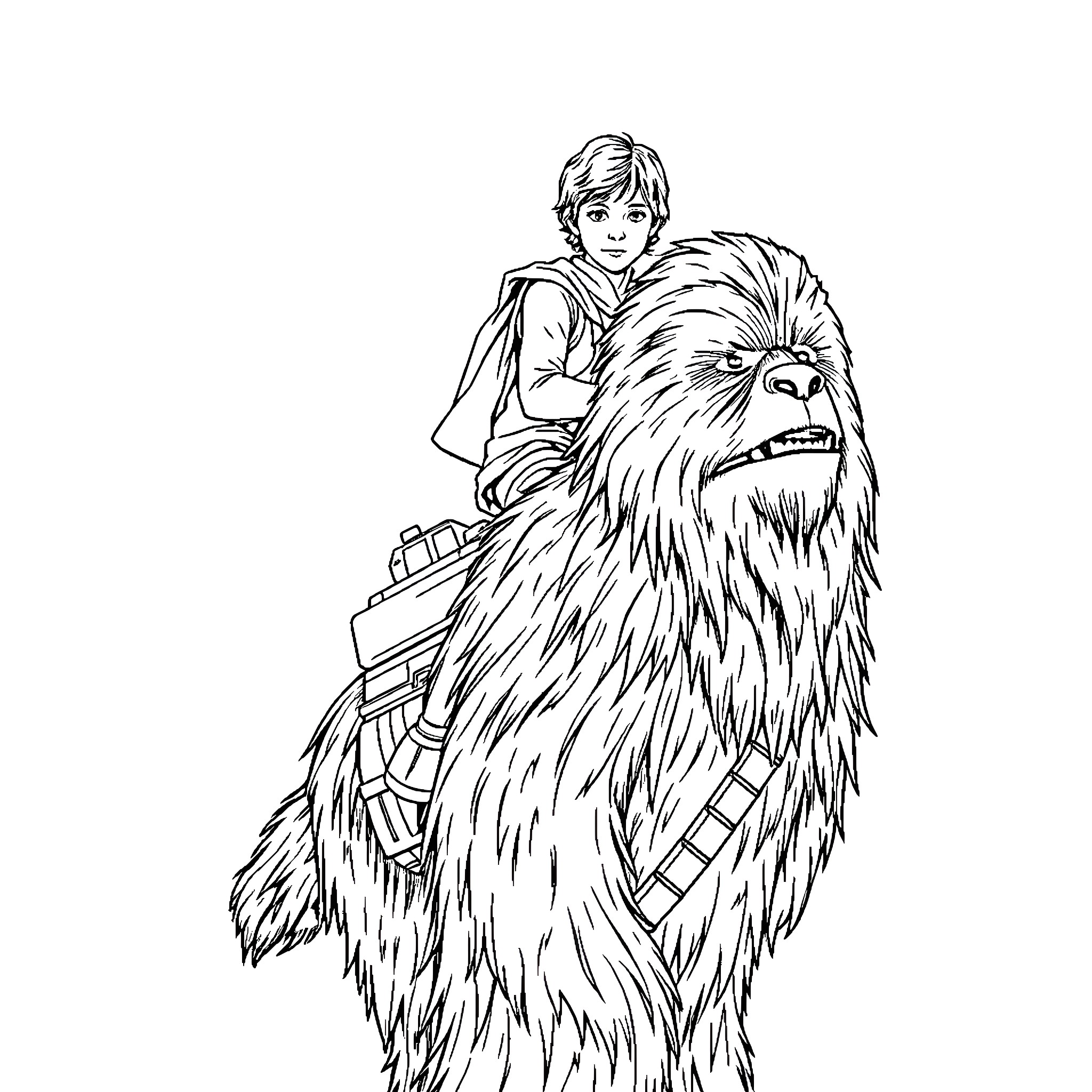 Luke Skywalker and Chewbacca on an adventure Coloring Page (free black-and-white line drawing printable PDF for all, from beginners to advanced learners, including children, teens, adults, and seniors)