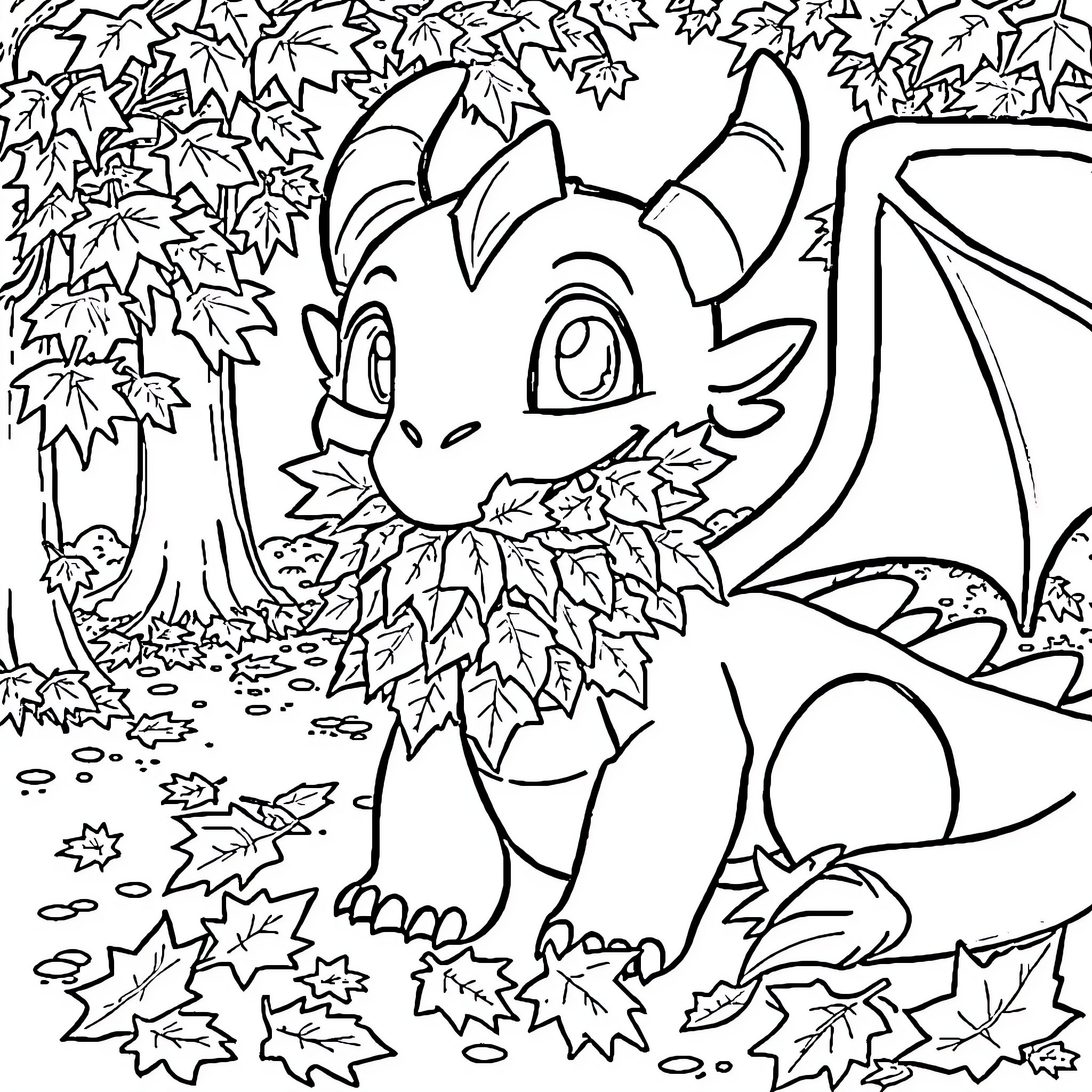 Toothless dragon in a leaf-filled forest Coloring Page (free black-and-white line drawing printable PDF for all, from beginners to advanced learners, including children, teens, adults, and seniors)