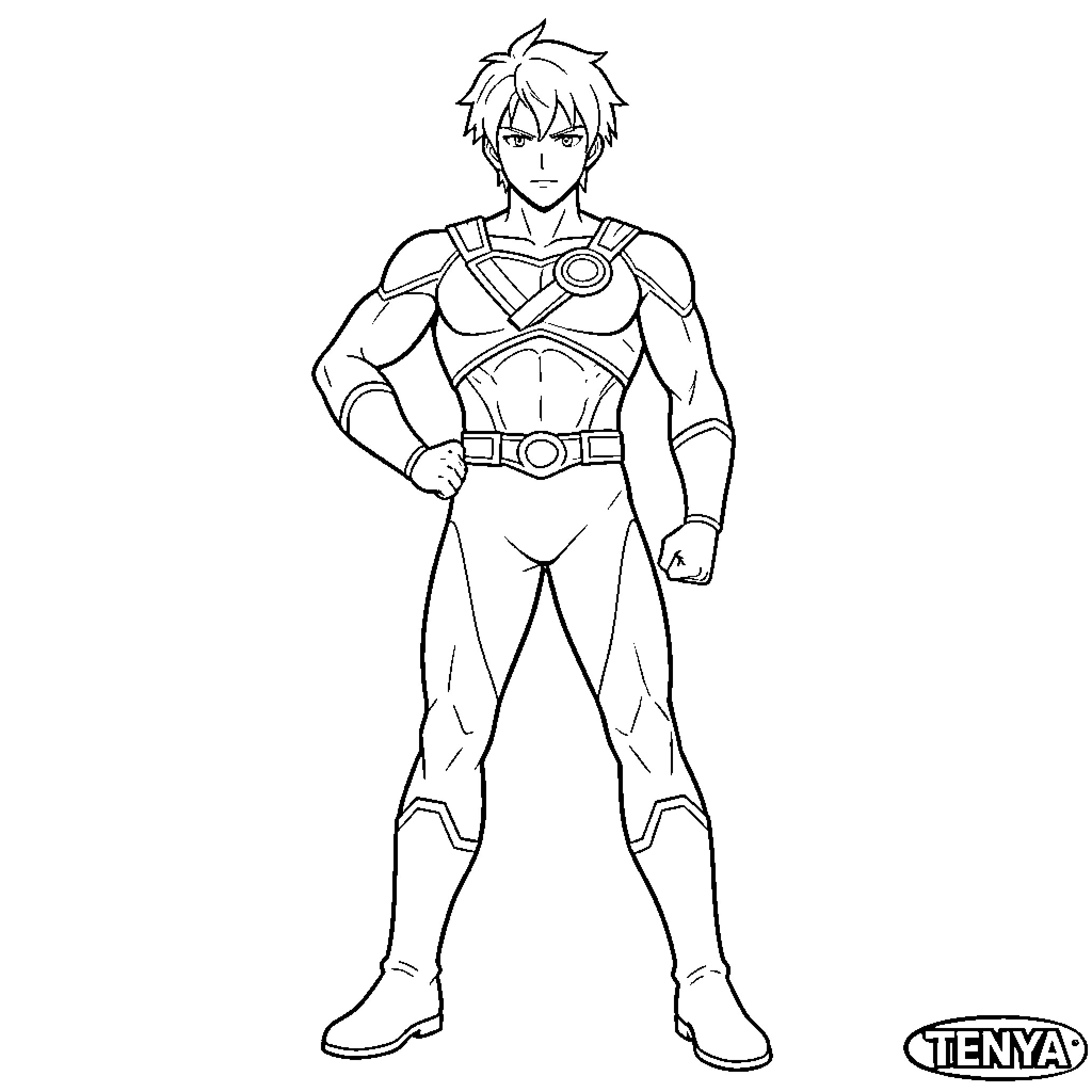 Tenya, a heroic figure in a dynamic pose Coloring Page (free black-and-white line drawing printable PDF for all, from beginners to advanced learners, including children, teens, adults, and seniors)