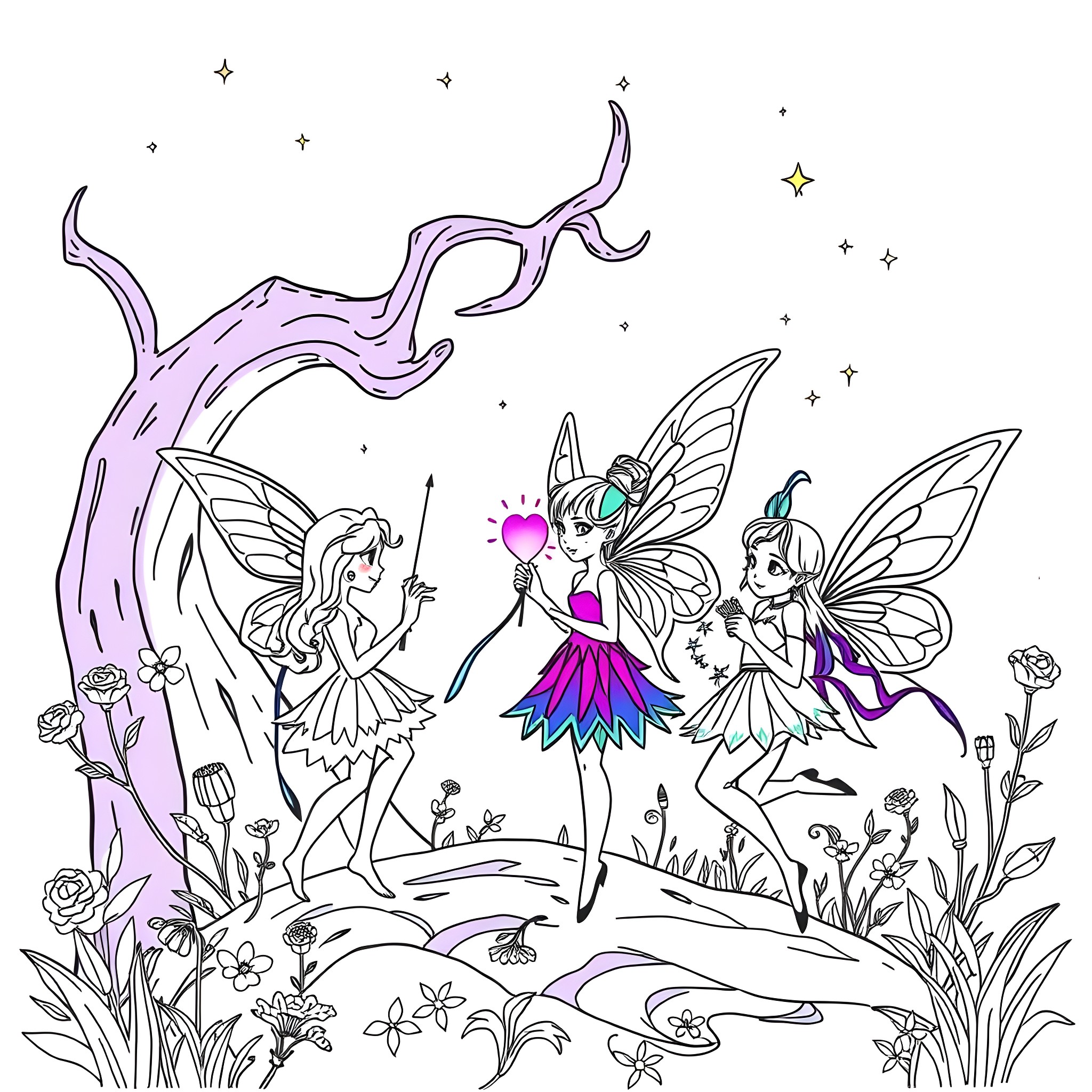 Fairy Dancers in a Magical Garden Coloring Page (free black-and-white line drawing printable PDF for all, from beginners to advanced learners, including children, teens, adults, and seniors)