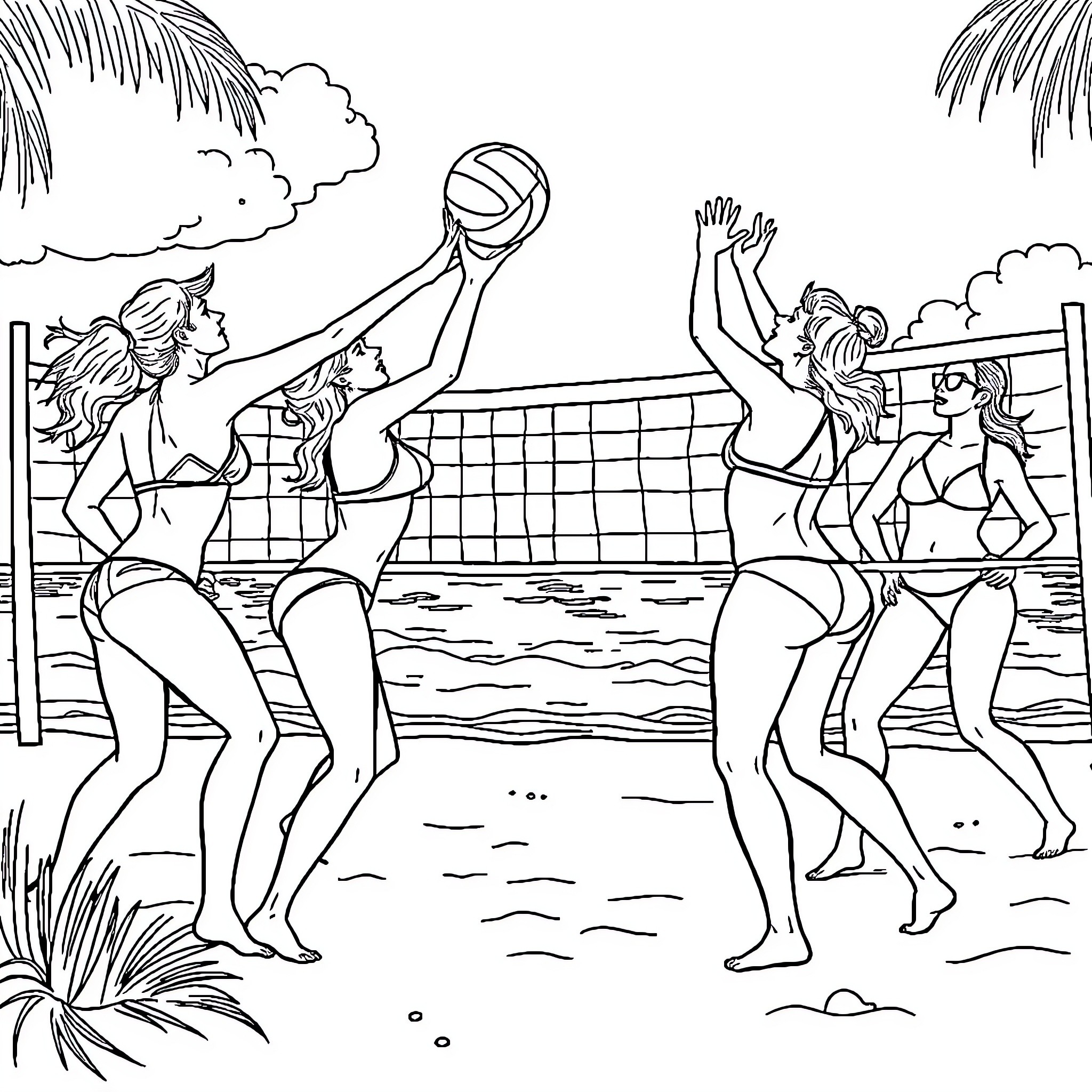 Volleyball game on the beach with people in swimsuits Coloring Page (free black-and-white line drawing printable PDF for all, from beginners to advanced learners, including children, teens, adults, and seniors)