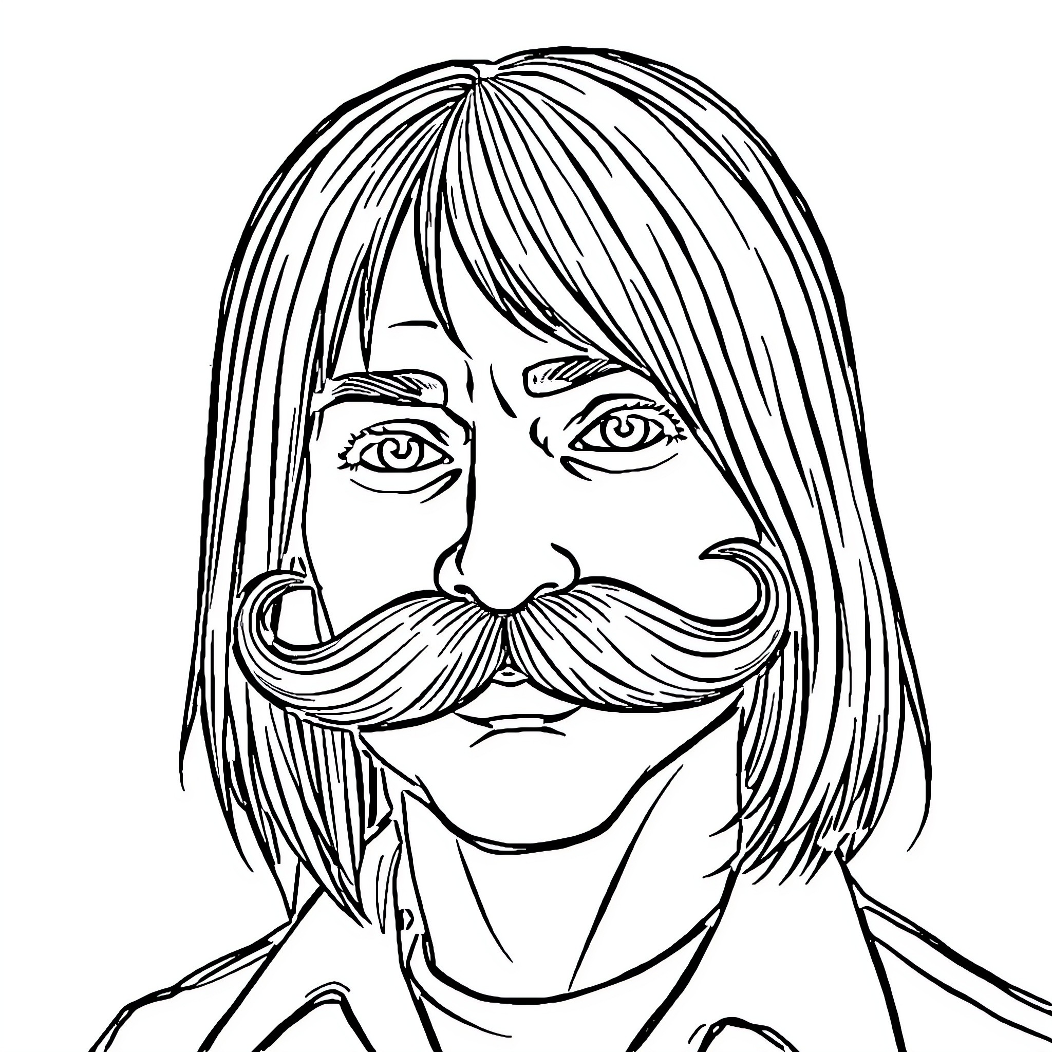 Person with long hair and mustache in serious expression Coloring Page (free black-and-white line drawing printable PDF for all, from beginners to advanced learners, including children, teens, adults, and seniors)