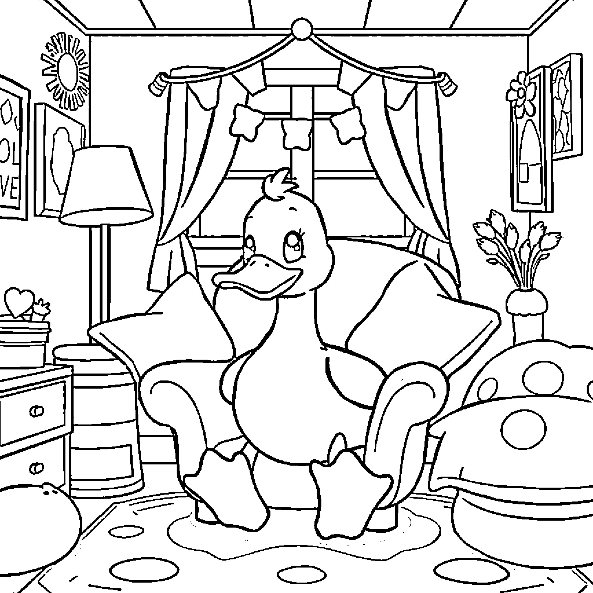 Duck relaxing comfortably in a cozy bedroom Coloring Page (free black-and-white line drawing printable PDF for all, from beginners to advanced learners, including children, teens, adults, and seniors)