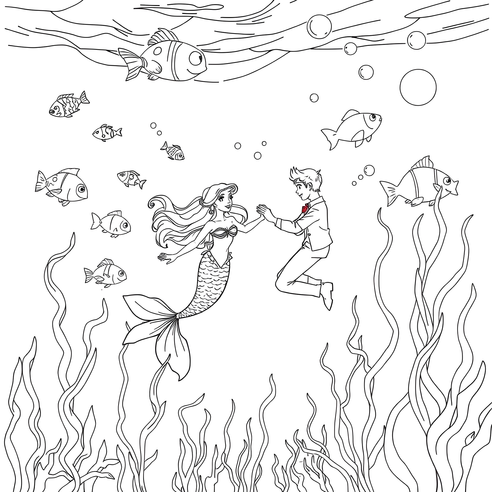 Mermaid swimming with marine life Coloring Page (free black-and-white line drawing printable PDF for all, from beginners to advanced learners, including children, teens, adults, and seniors)
