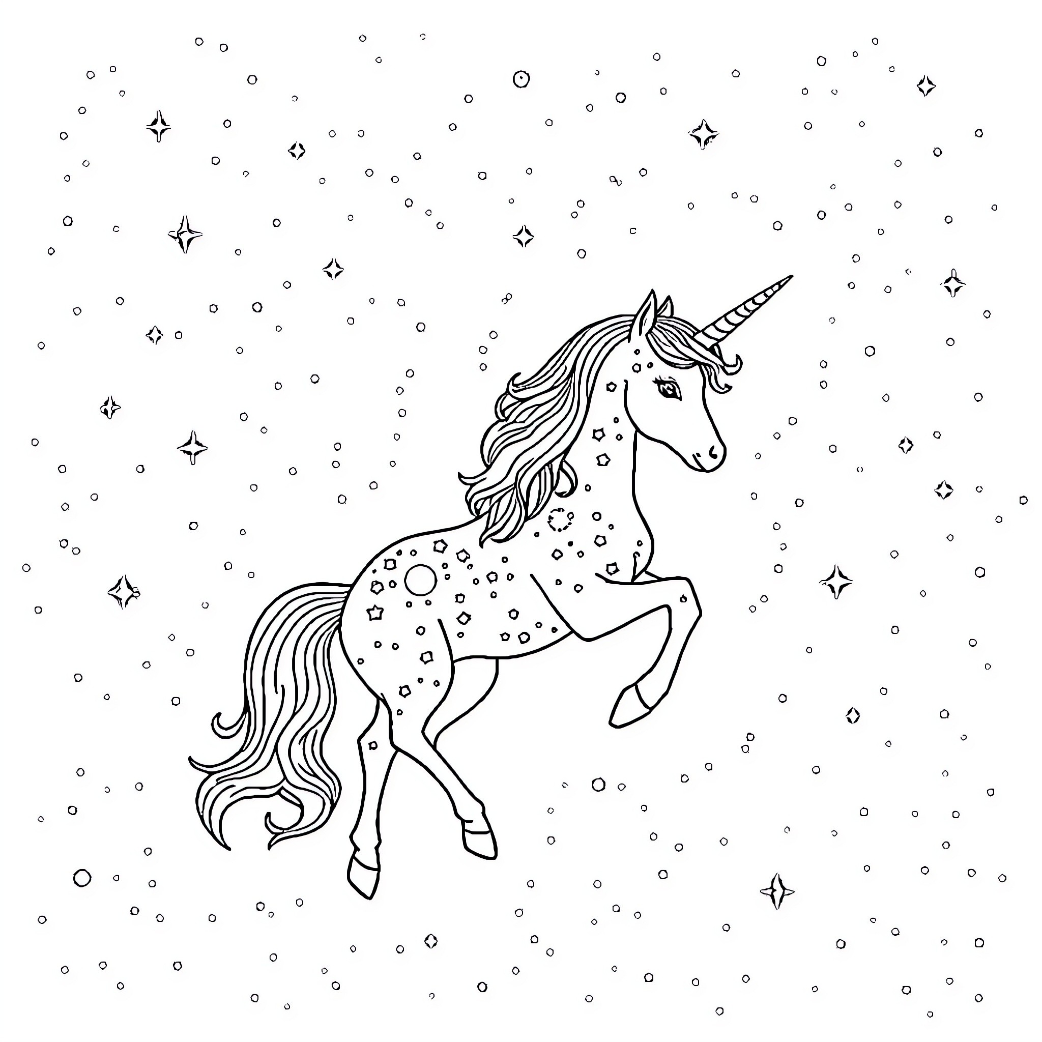 Unicorn dancing among the stars Coloring Page (free black-and-white line drawing printable PDF for all, from beginners to advanced learners, including children, teens, adults, and seniors)