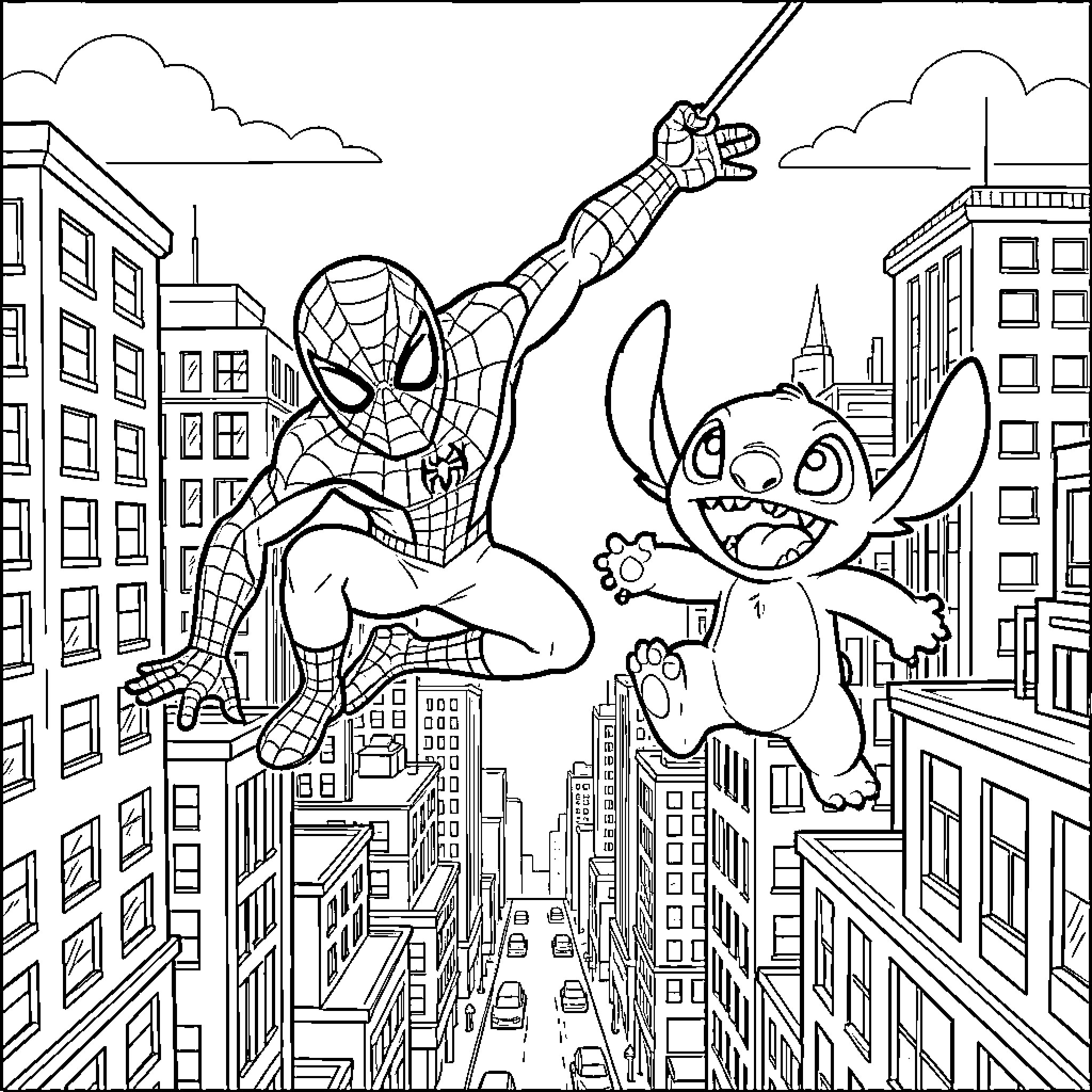 Spider-Man swinging above the city with Stitch Coloring Page (free black-and-white line drawing printable PDF for all, from beginners to advanced learners, including children, teens, adults, and seniors)