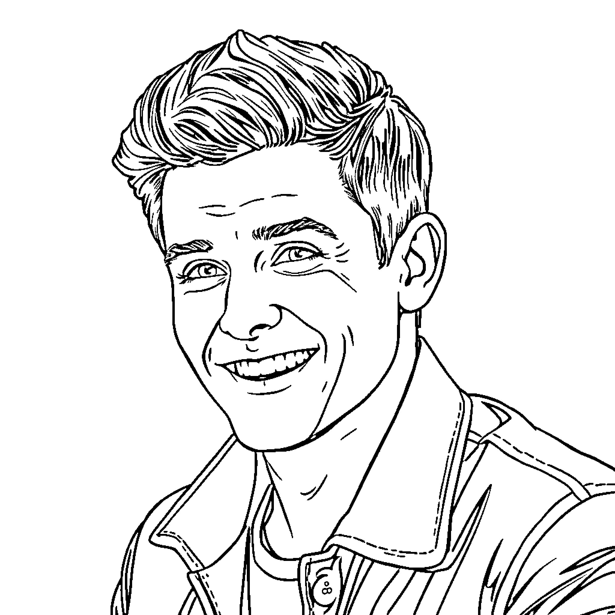 Jonathan Bailey smiling cheerfully in an illustrated portrait Coloring Page (free black-and-white line drawing printable PDF for all, from beginners to advanced learners, including children, teens, adults, and seniors)