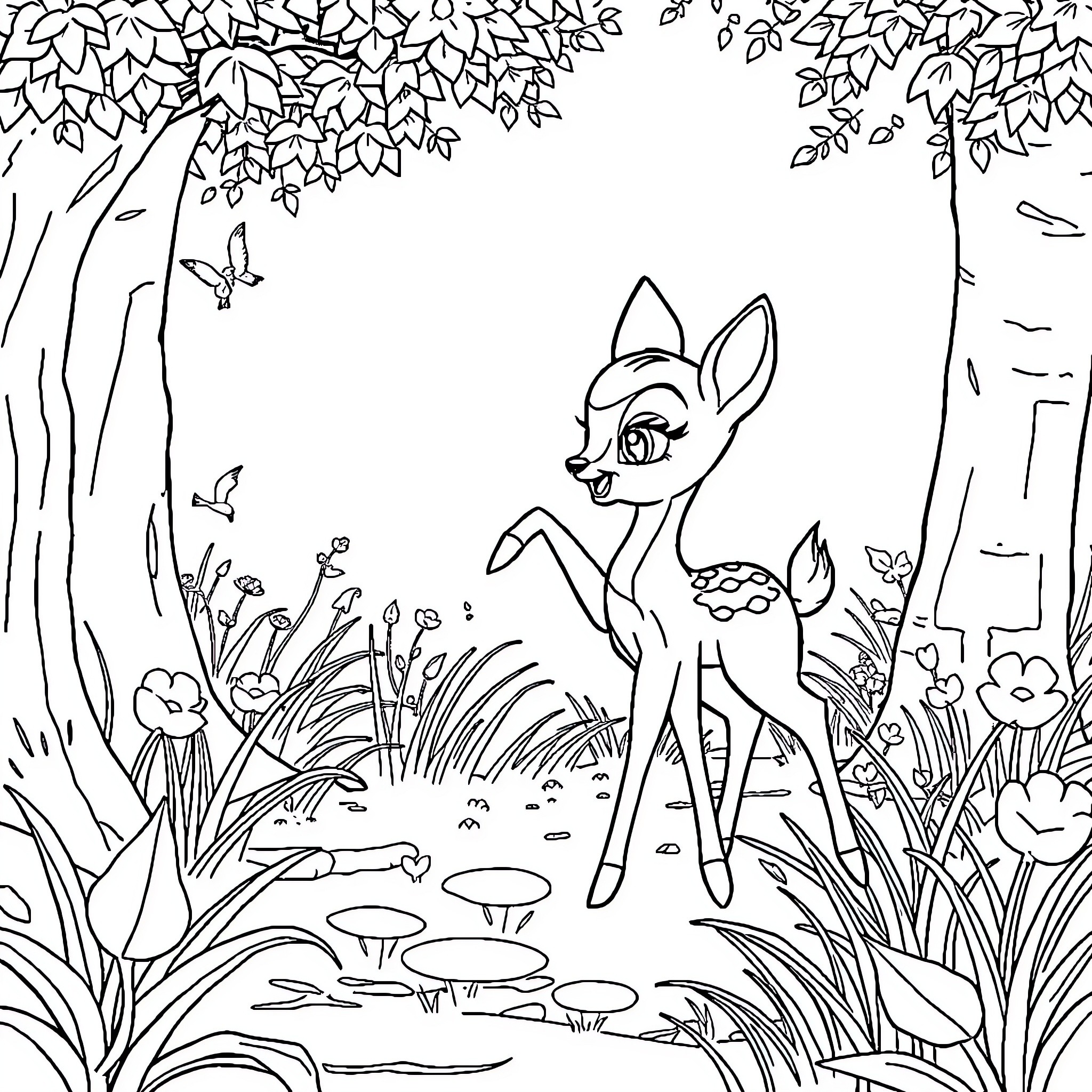 Conejo exploring the enchanting forest Coloring Page (free black-and-white line drawing printable PDF for all, from beginners to advanced learners, including children, teens, adults, and seniors)