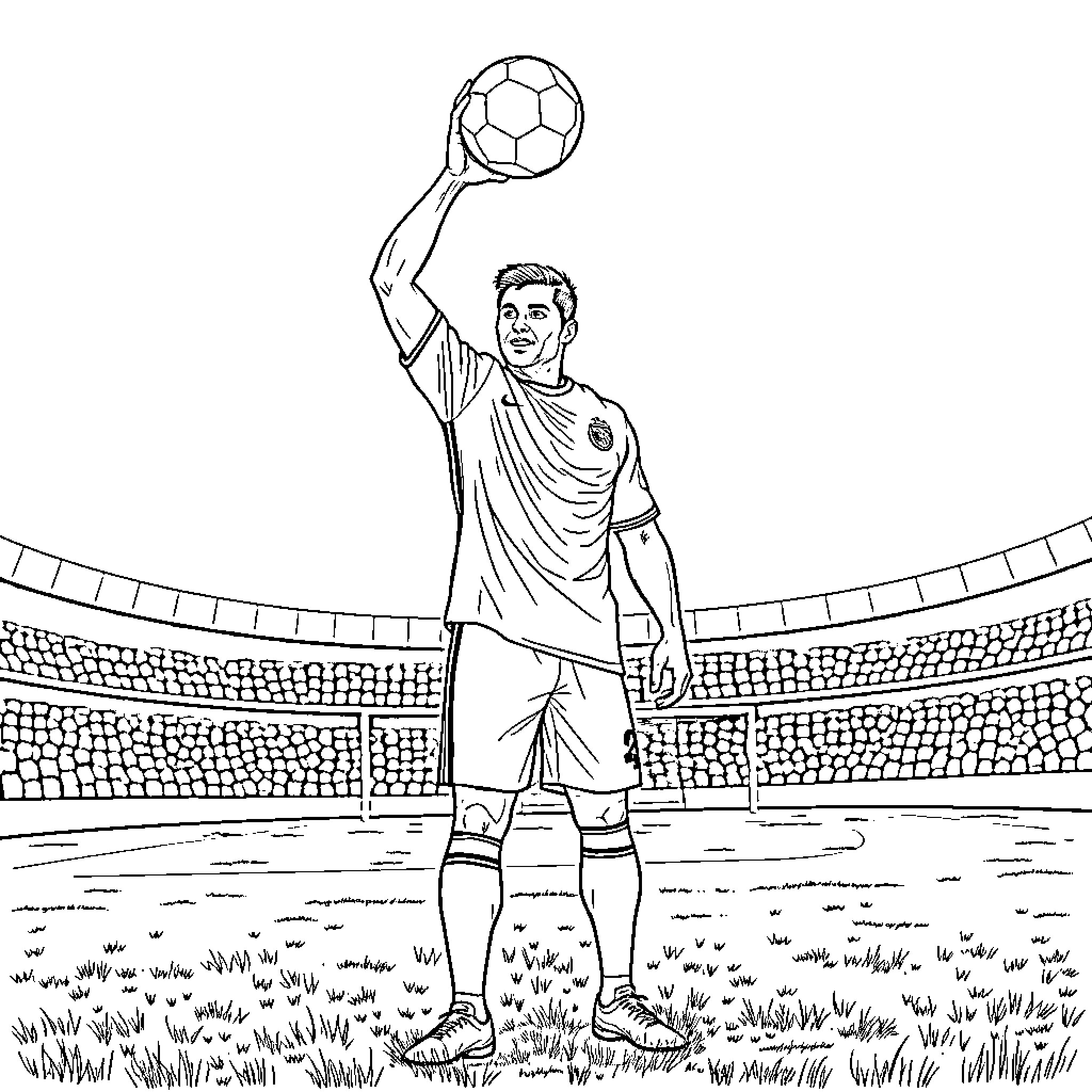 Ronaldo celebrating a goal on the soccer field Coloring Page (free black-and-white line drawing printable PDF for all, from beginners to advanced learners, including children, teens, adults, and seniors)