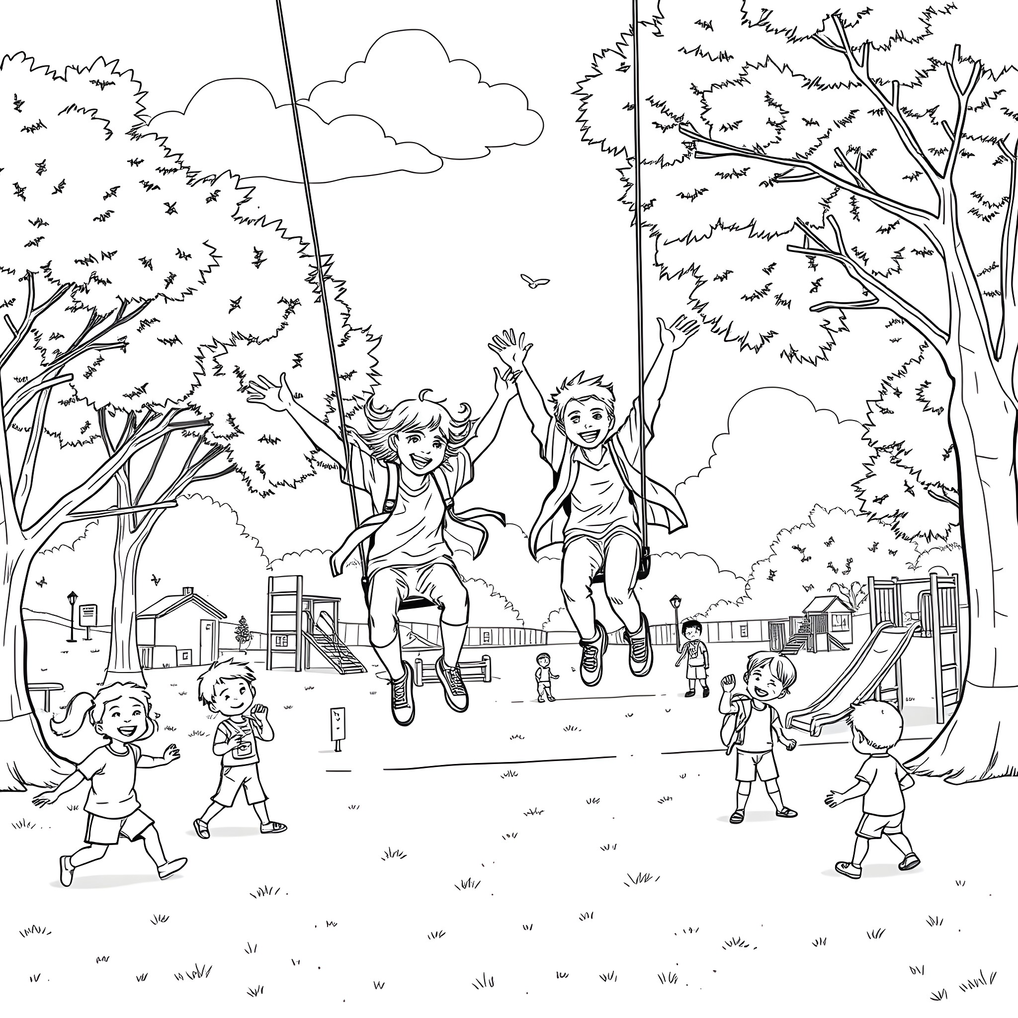 Playground adventure with happy kids playing Coloring Page (free black-and-white line drawing printable PDF for all, from beginners to advanced learners, including children, teens, adults, and seniors)