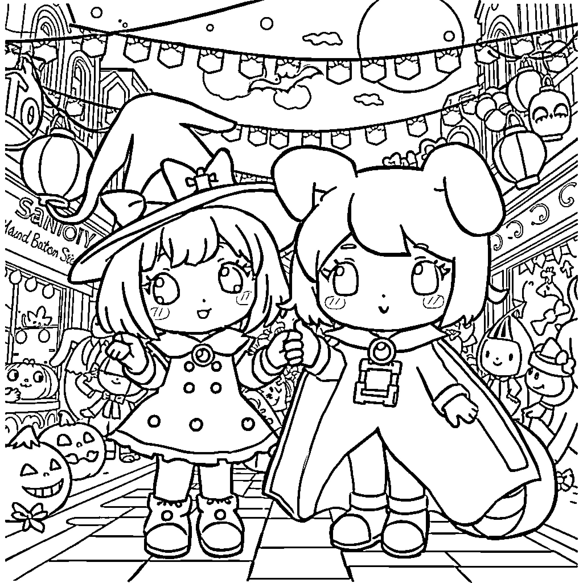 Kuromi and friends enjoying a festive celebration Coloring Page (free black-and-white line drawing printable PDF for all, from beginners to advanced learners, including children, teens, adults, and seniors)