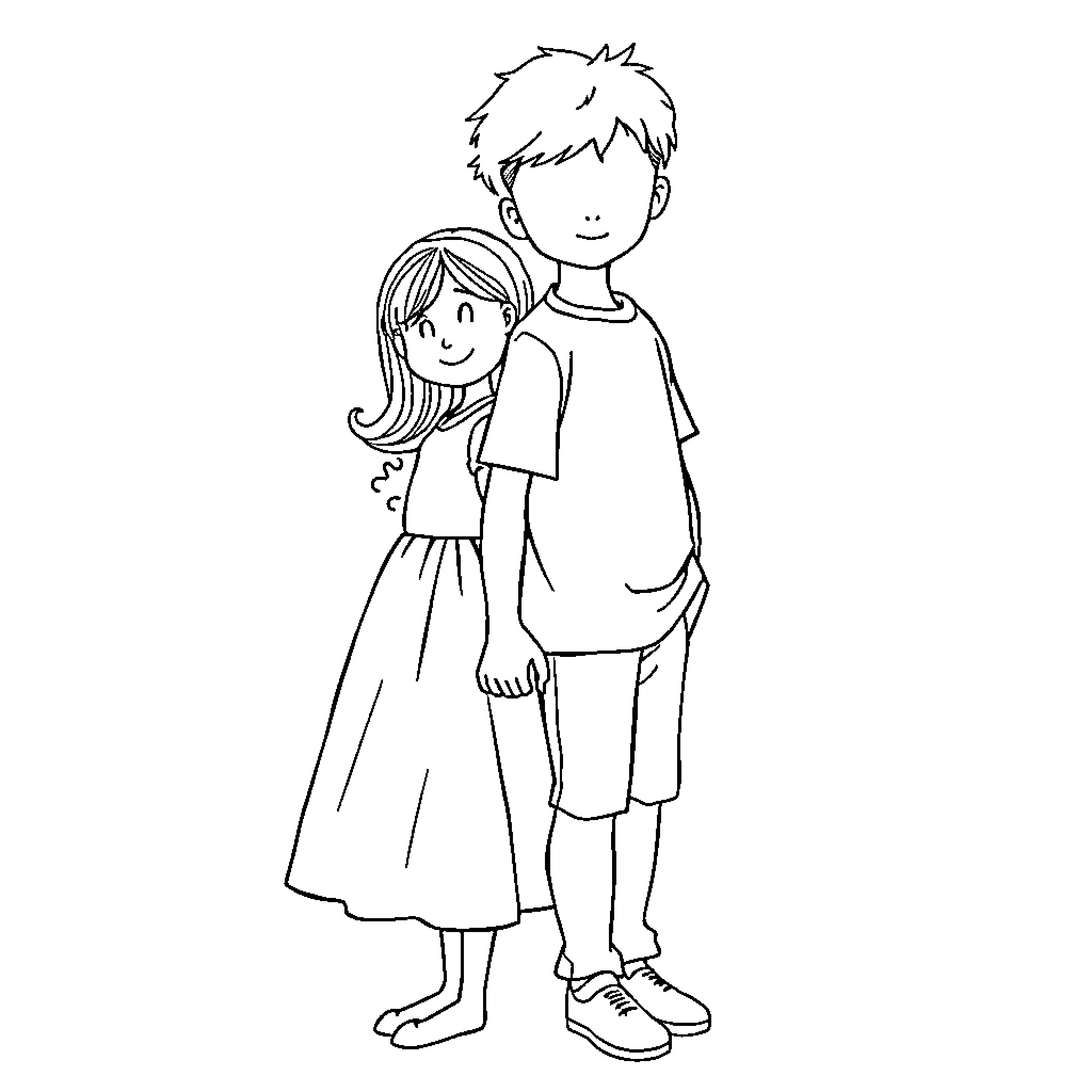Girl and Boy Standing Together Coloring Page (free black-and-white line drawing printable PDF for all, from beginners to advanced learners, including children, teens, adults, and seniors)