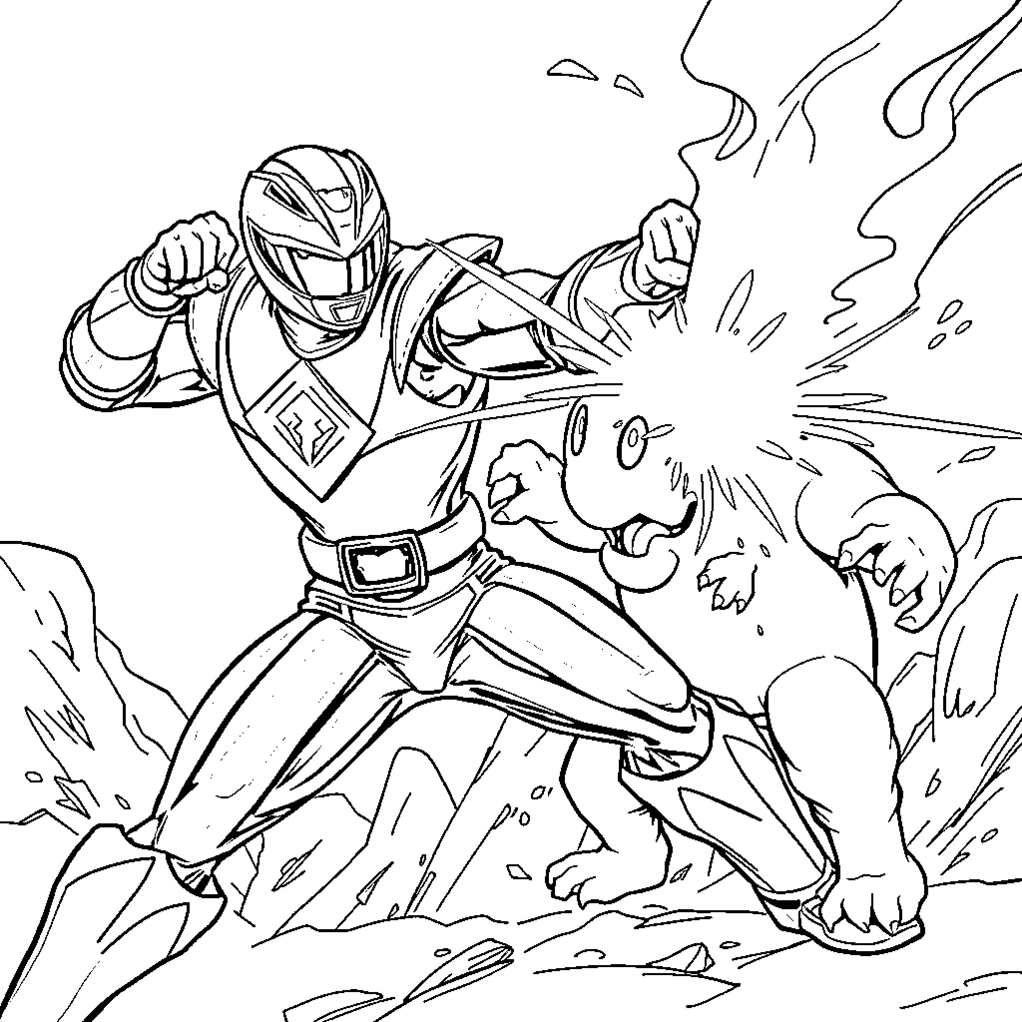 Power Ranger in intense battle with fierce enemy Coloring Page (free black-and-white line drawing printable PDF for all, from beginners to advanced learners, including children, teens, adults, and seniors)