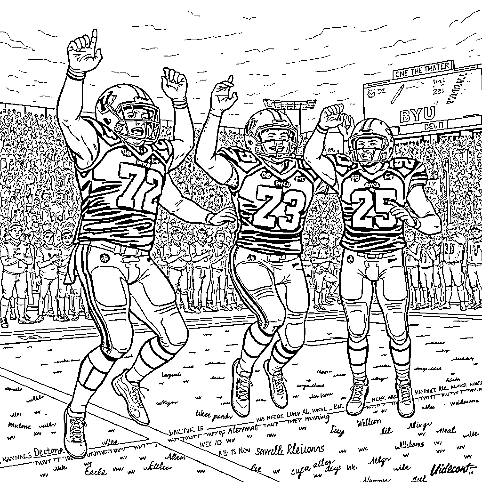 Football Players Celebrating Victory on the Field Coloring Page (free black-and-white line drawing printable PDF for all, from beginners to advanced learners, including children, teens, adults, and seniors)