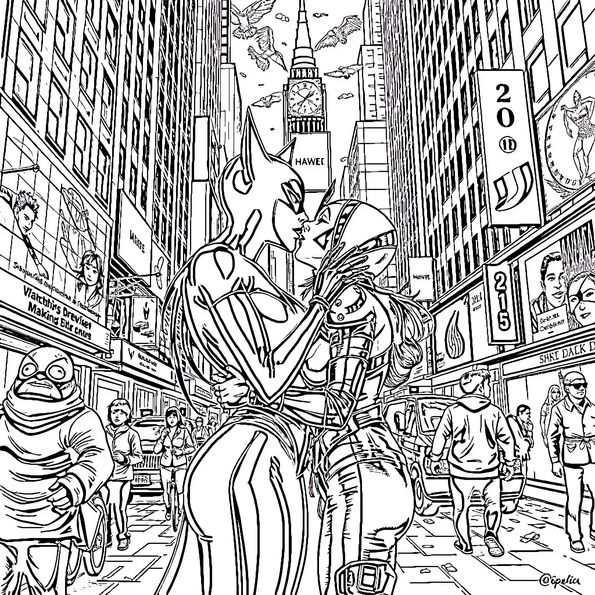 Catwoman roams the bustling streets of the city Coloring Page (free black-and-white line drawing printable PDF for all, from beginners to advanced learners, including children, teens, adults, and seniors)